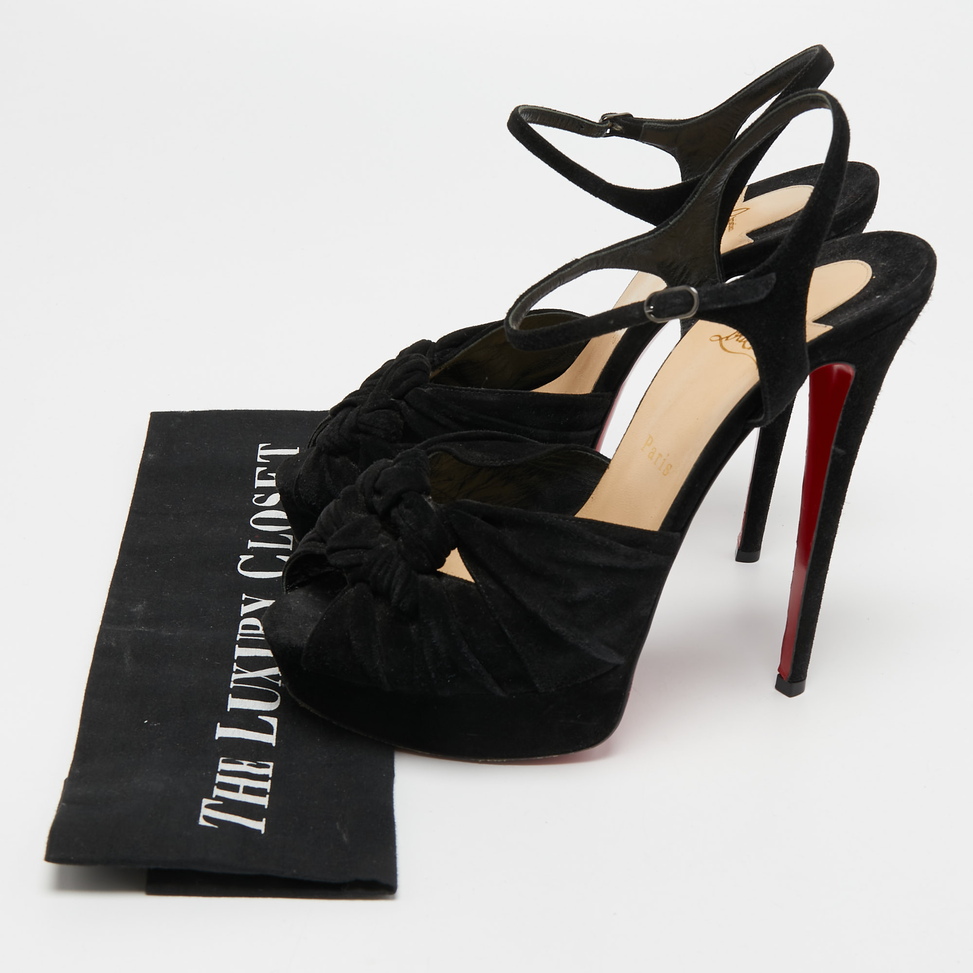 Christian Louboutin Black Knotted Suede Loescadiva Ankle Strap Sandals Size 39.5
