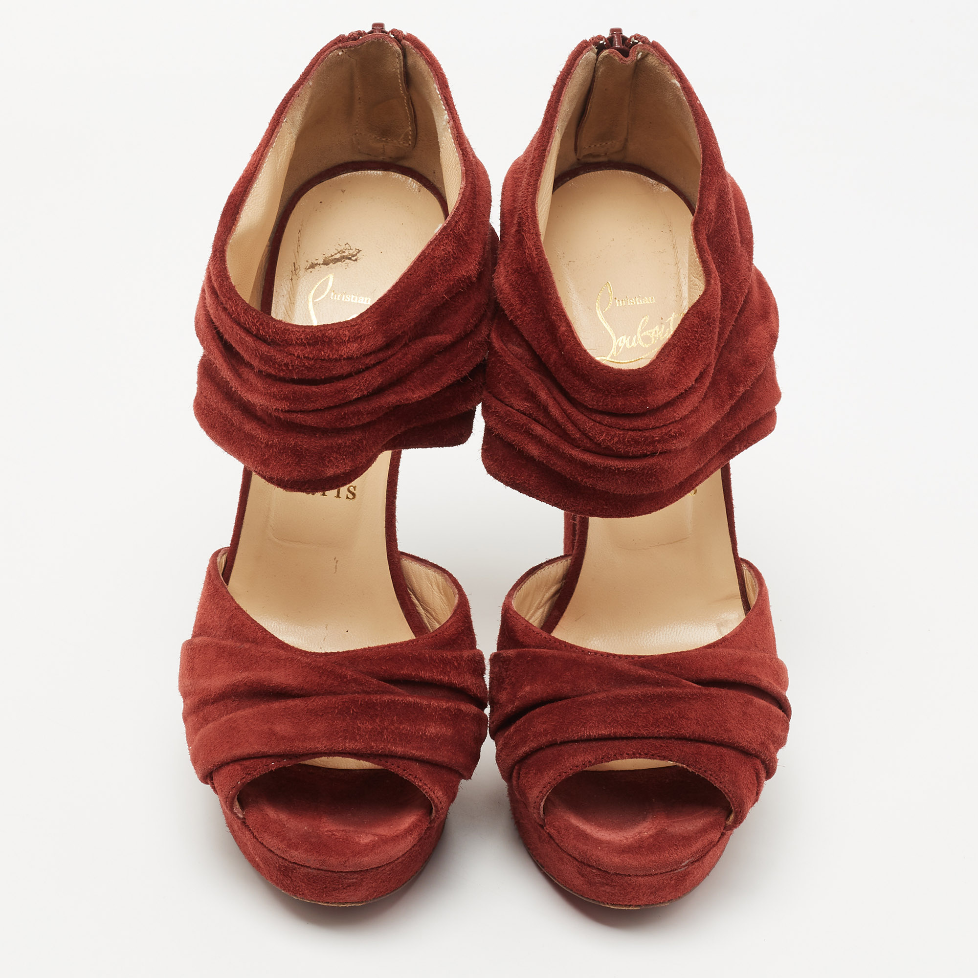Christian Louboutin Rust Red Suede Pleated Bandra Zip Platform Sandals Size 37