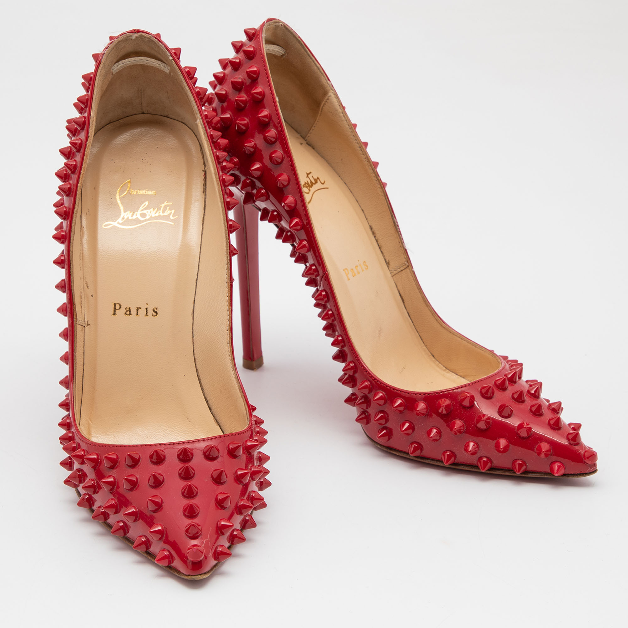 Christian Louboutin Red Patent Leather Pigalle Spike Pumps Size 37.5