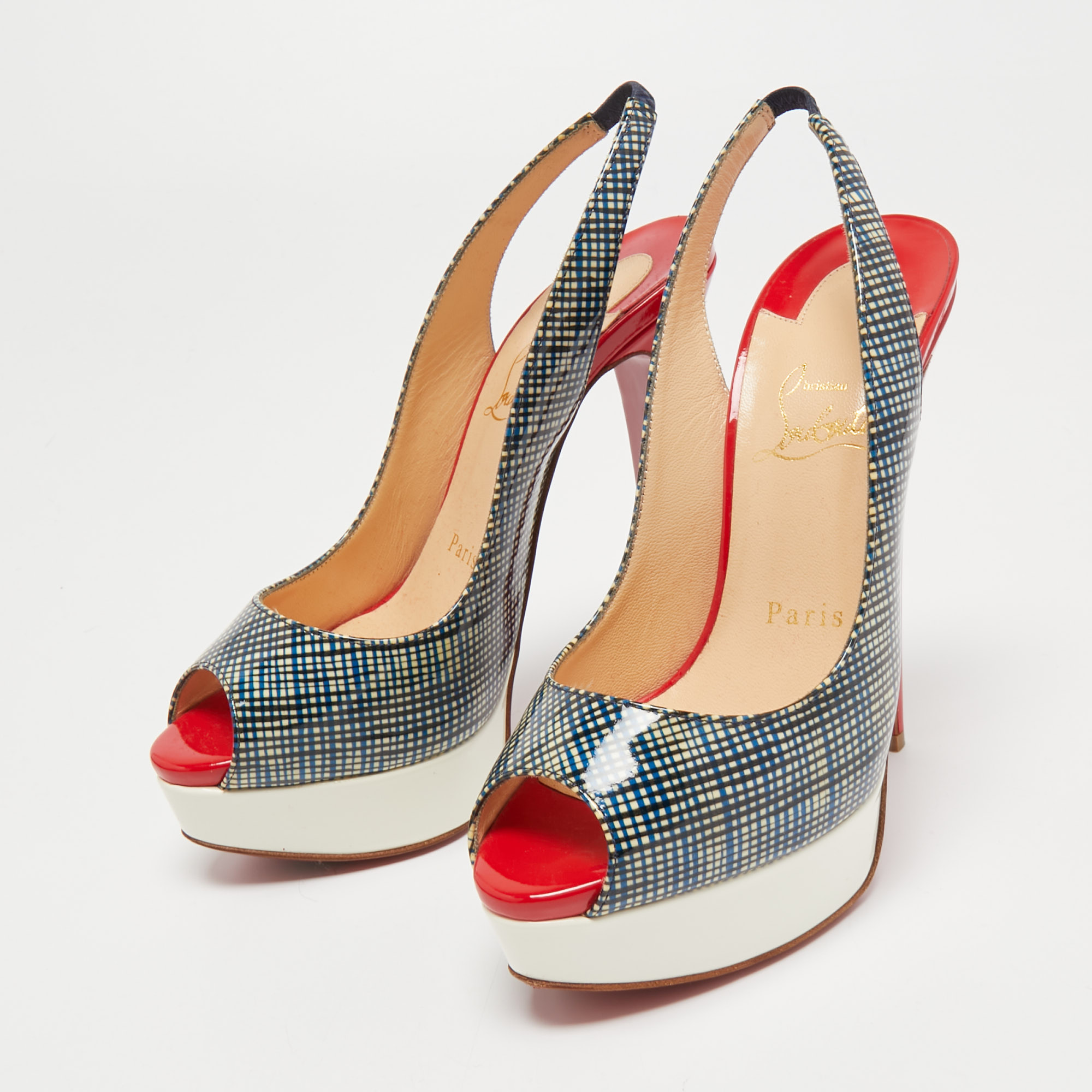 

Christian Louboutin Tricolor Printed Patent Leather Lady Peep Slingback Pumps Size, Blue