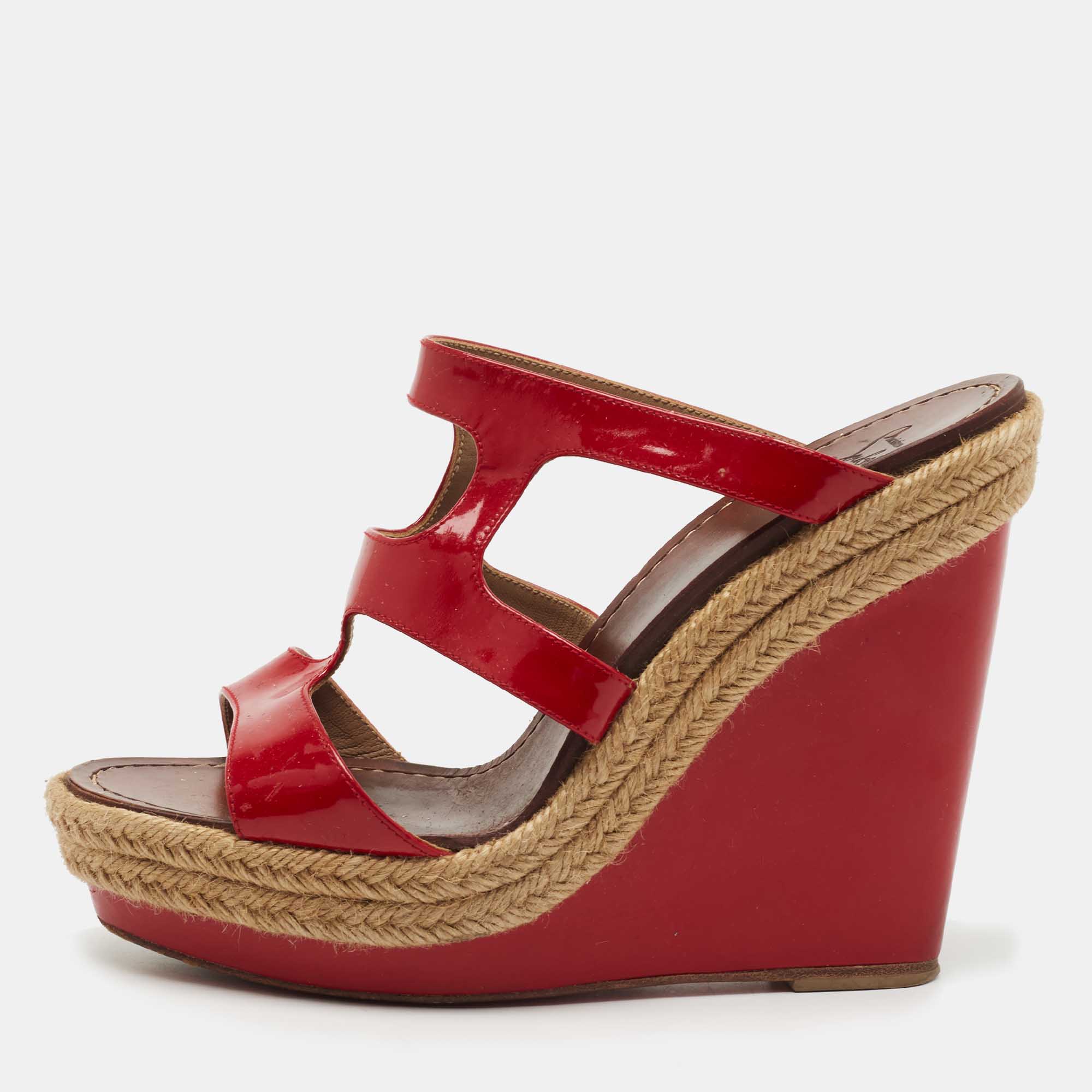 Christian Louboutin Red Patent Bilbao 120 Wedge Espadrilles Sandals Size 40
