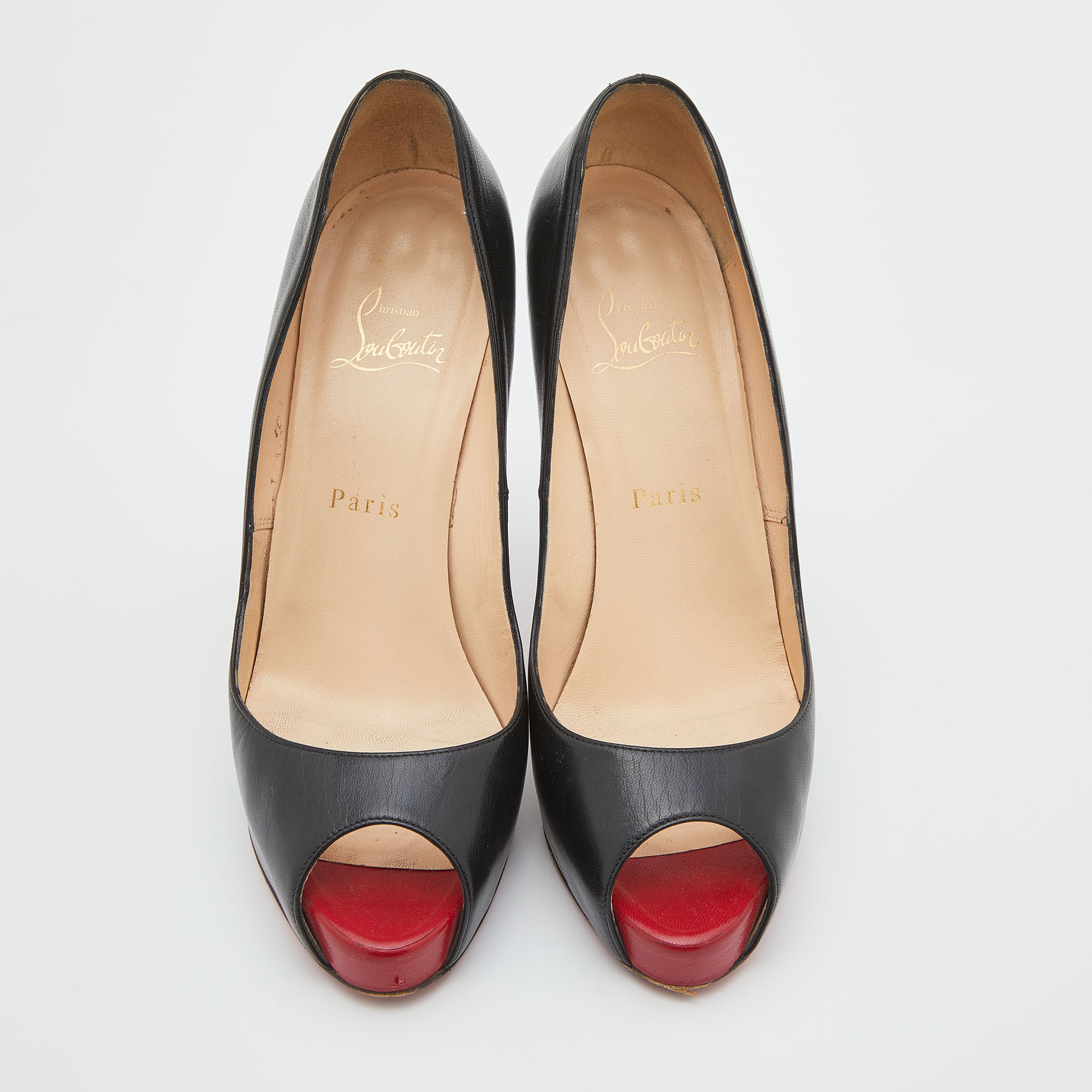 Christian Louboutin Black Leather New Very Prive Peep Toe Pumps Size 38.5