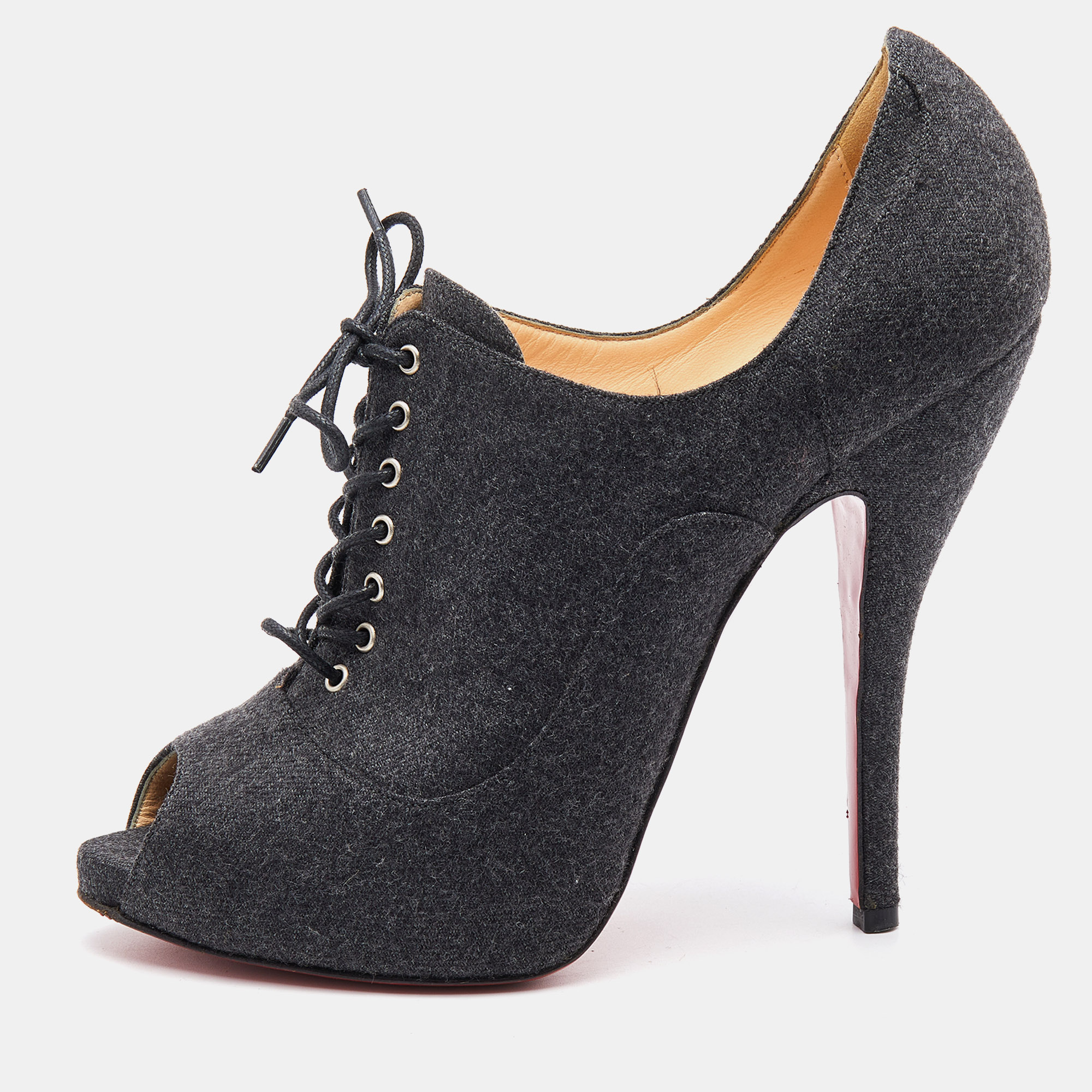 Christian Louboutin Grey Felt Fabric Flannel Lady Peep Toe Lace Up Oxford Booties Size 38