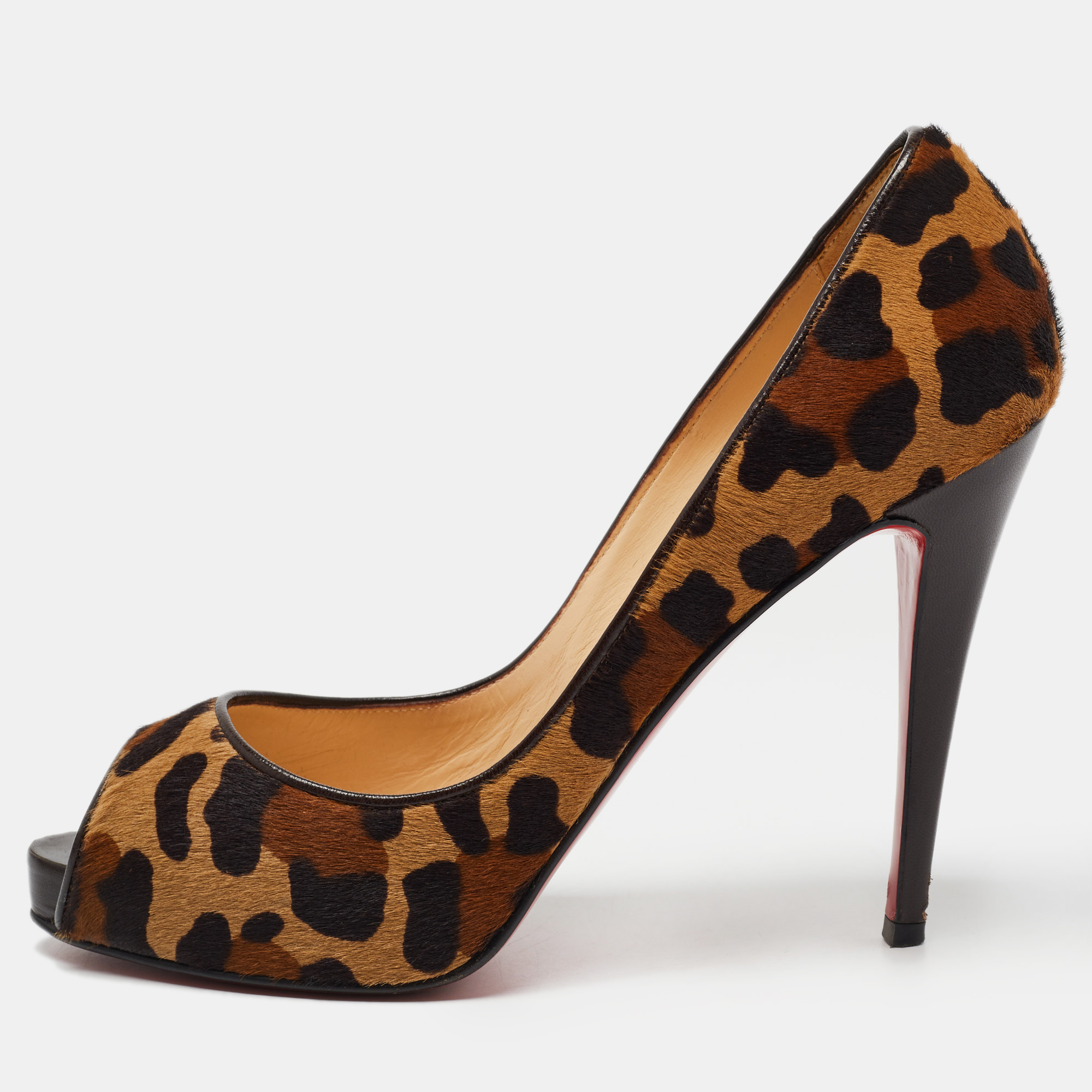 Christian louboutin brown leopard print calf hair very prive peep toe pumps size 40.5