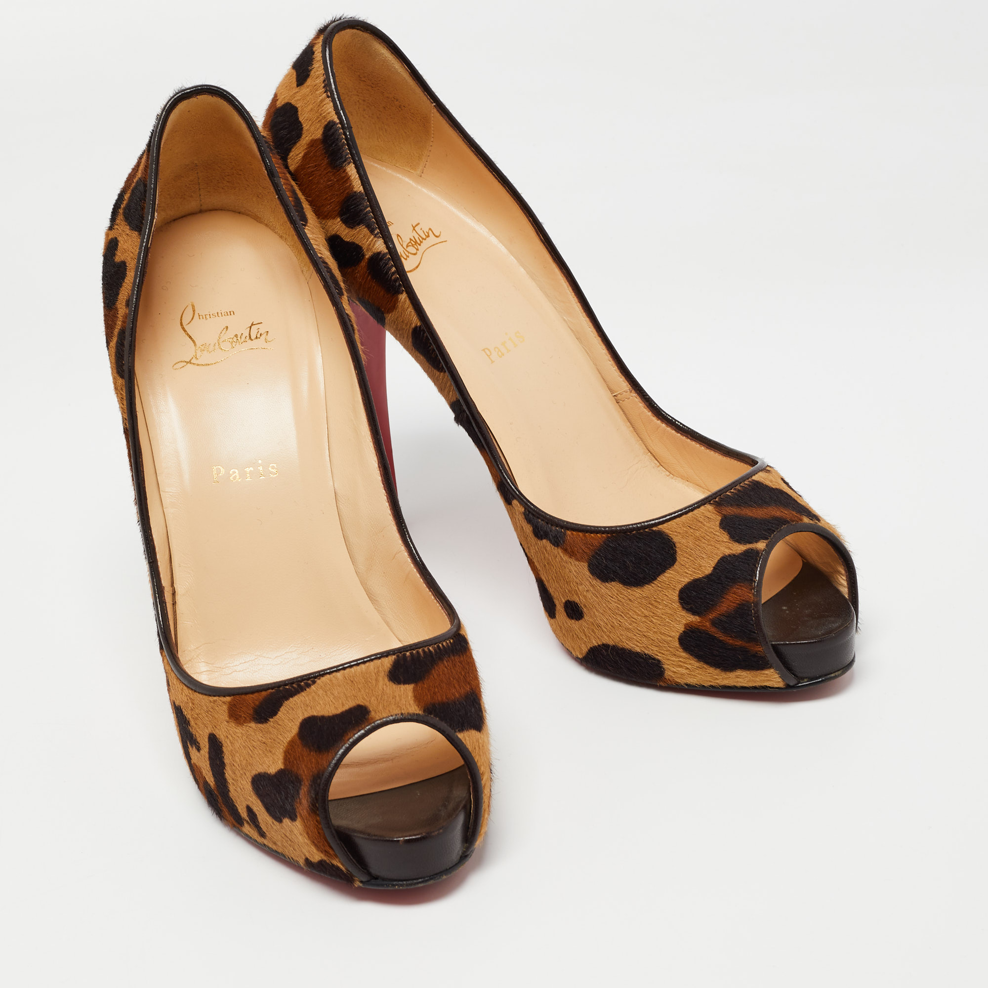 Christian Louboutin Brown Leopard Print Calf Hair Very Prive Peep Toe Pumps Size 40.5