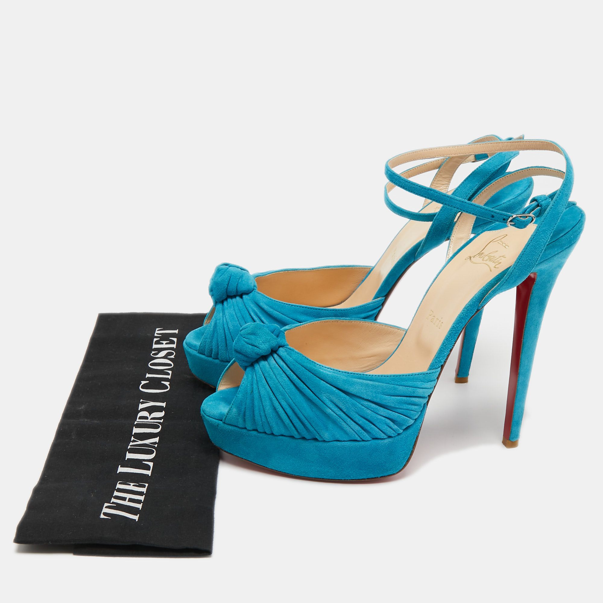 Christian Louboutin Blue Knotted Suede Greissimo Ankle Strap Sandals Size 40.5