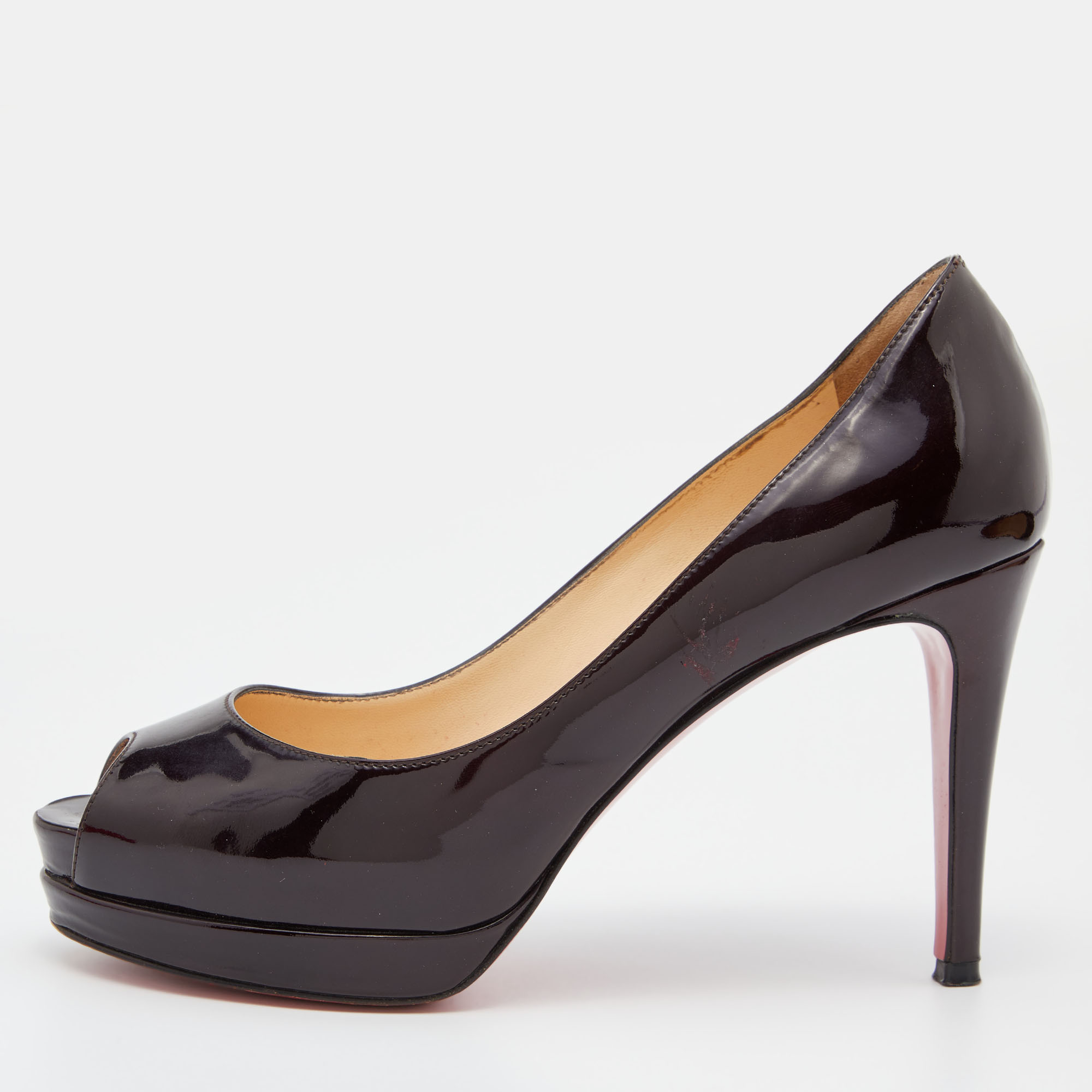 Christian louboutin dark burgundy patent leather altadama peep toe platform pumps size 36.5
