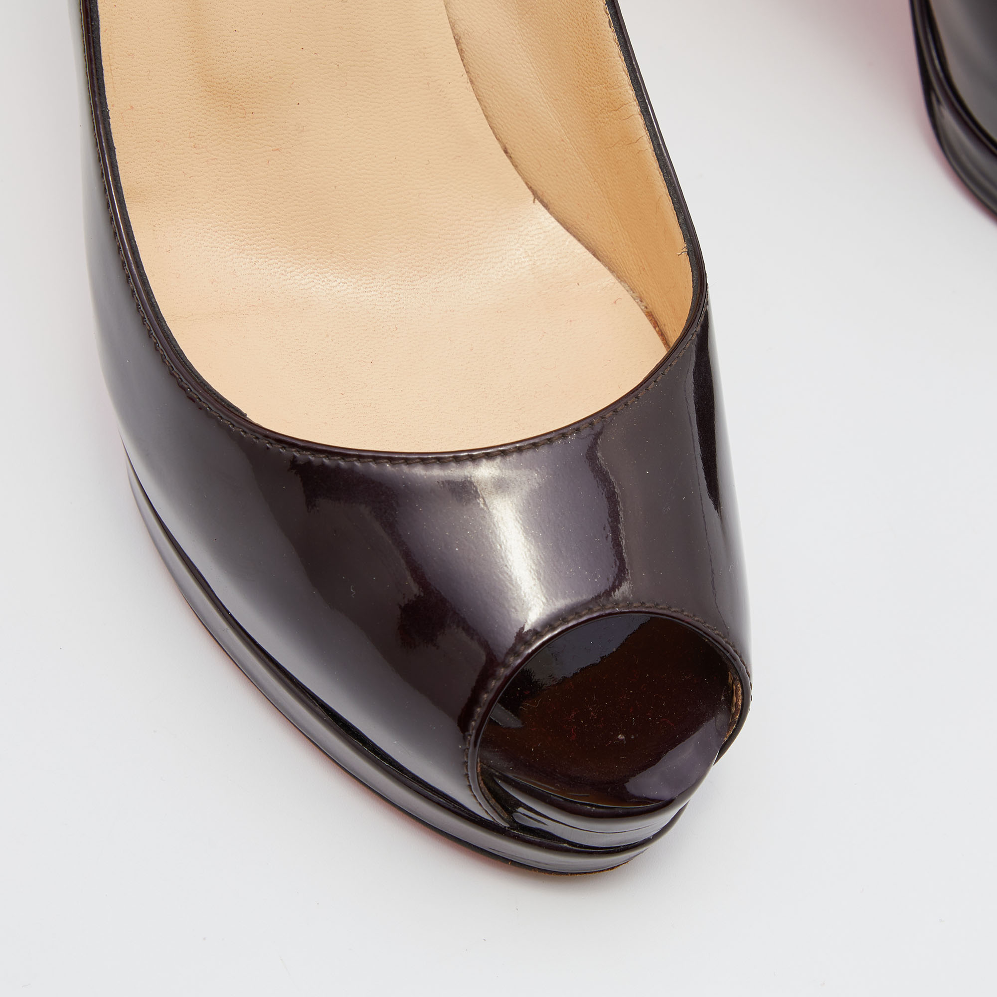 Christian Louboutin Dark Burgundy Patent Leather Altadama Peep Toe Platform Pumps Size 36.5