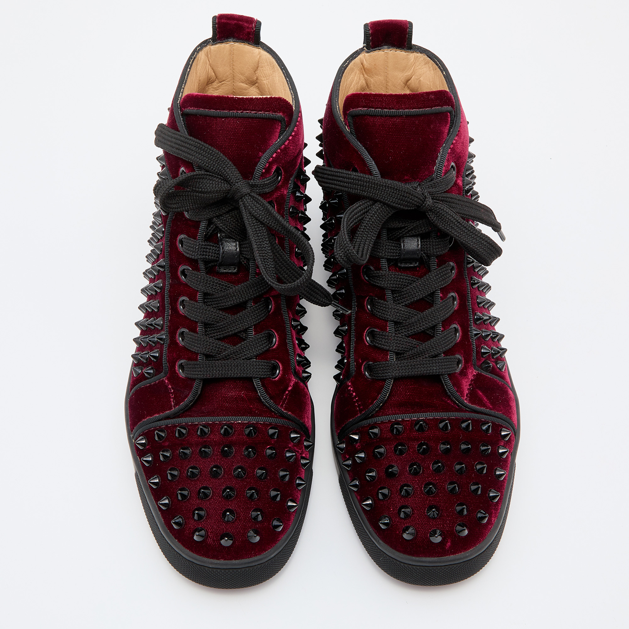 Christian Louboutin Burgundy Velvet Louis Junior Spikes High Top Sneakers Size 39.5