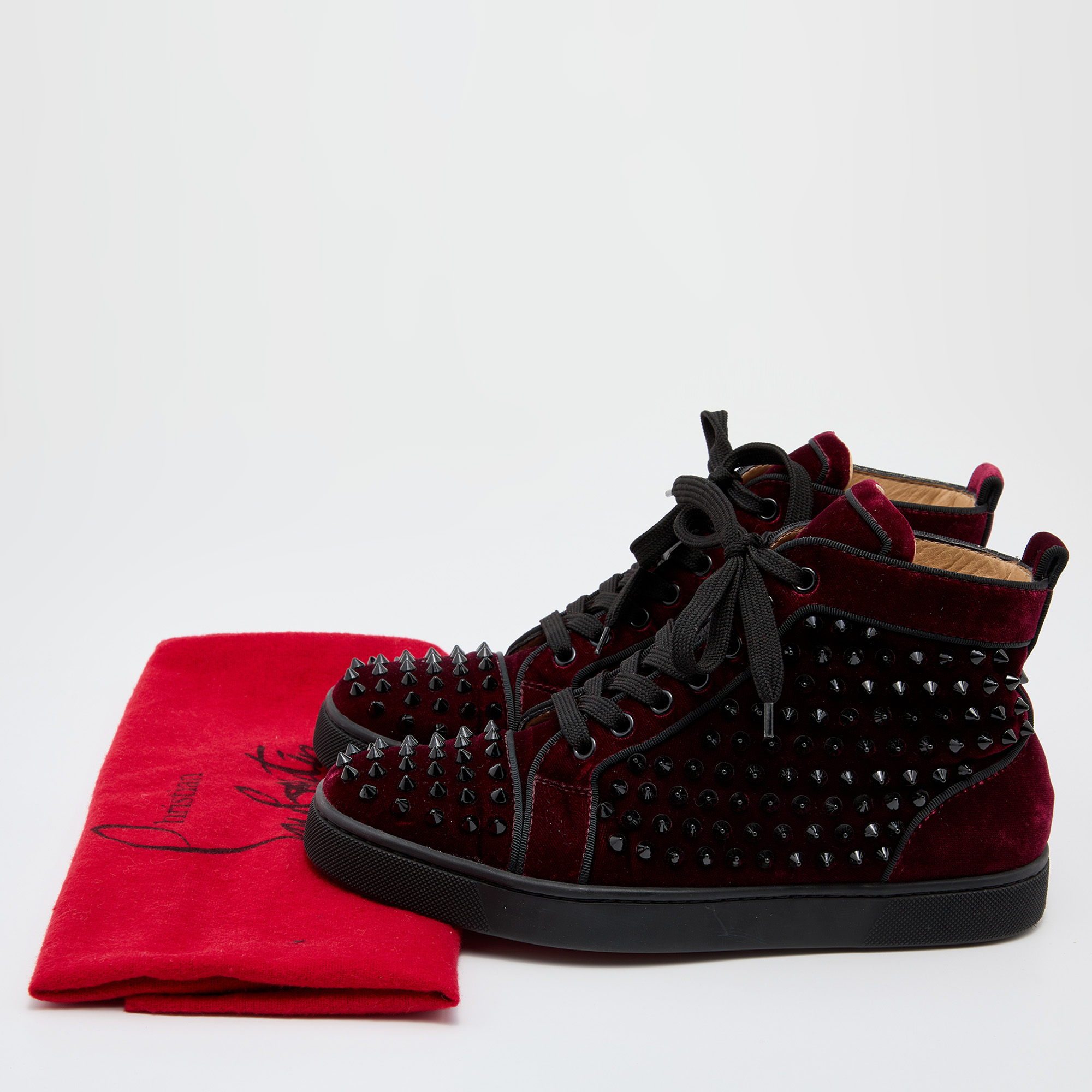 Christian Louboutin Burgundy Velvet Louis Junior Spikes High Top Sneakers Size 39.5