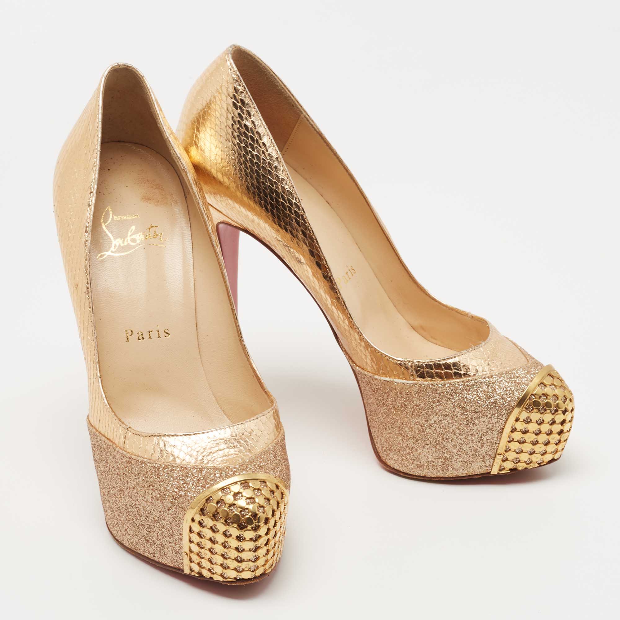 Christian Louboutin Maggie Glitter & Snakeskin Embossed Leather Platform Pumps Size 36.5