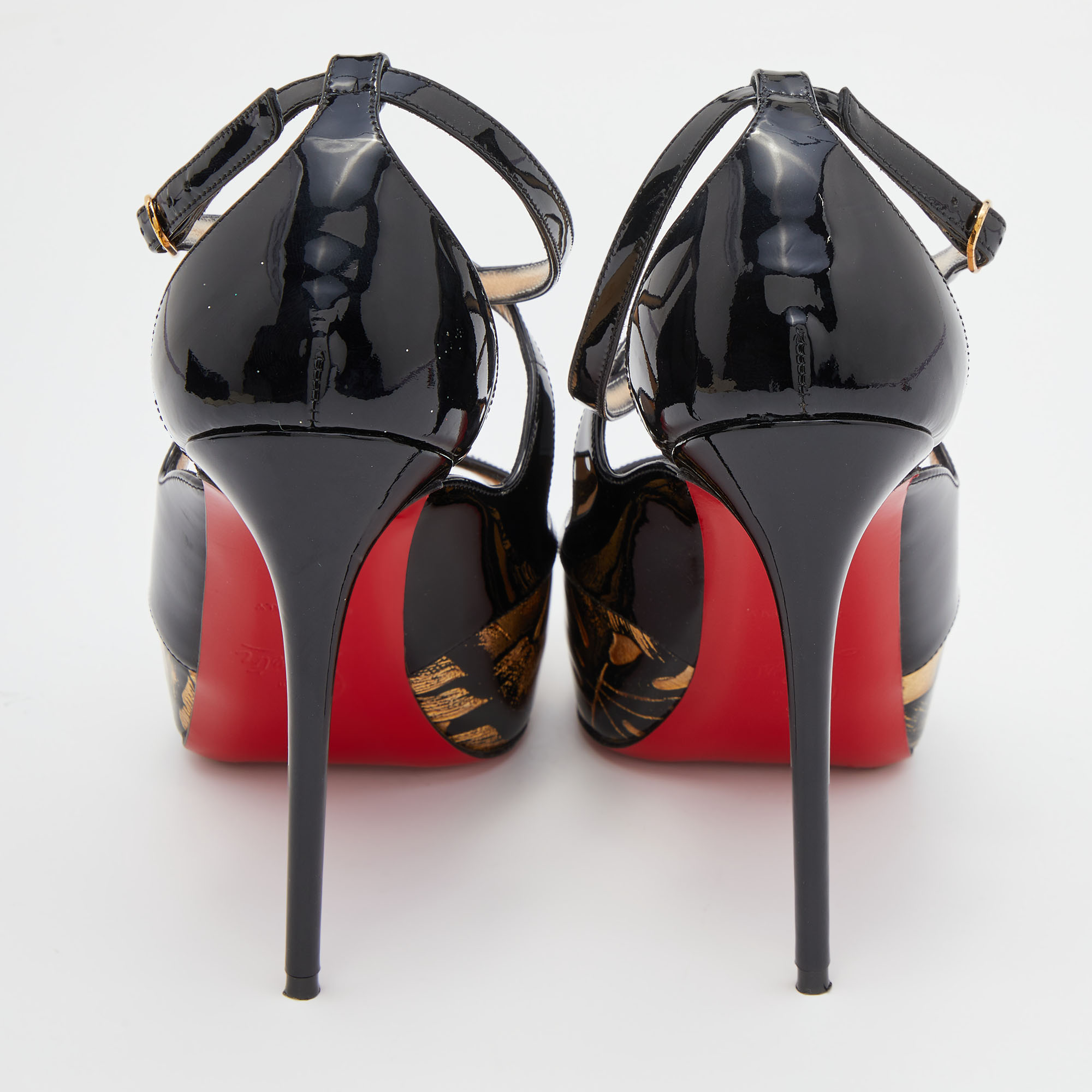 Christian Louboutin Black/Gold Patent Leather Criss Cross Peep Toe Platform Sandals Size 36