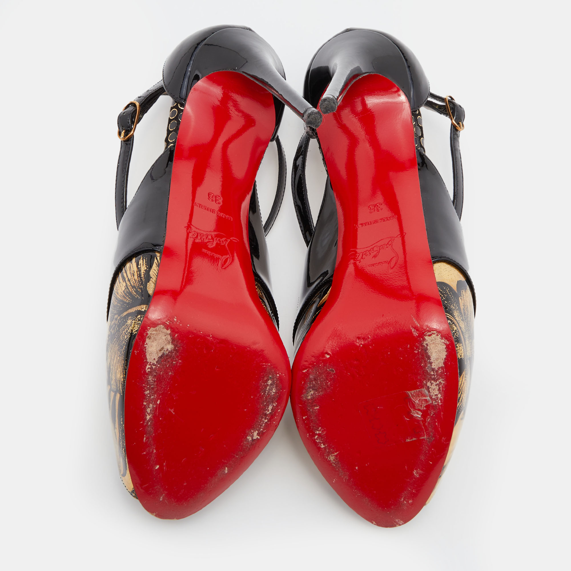 Christian Louboutin Black/Gold Patent Leather Criss Cross Peep Toe Platform Sandals Size 36