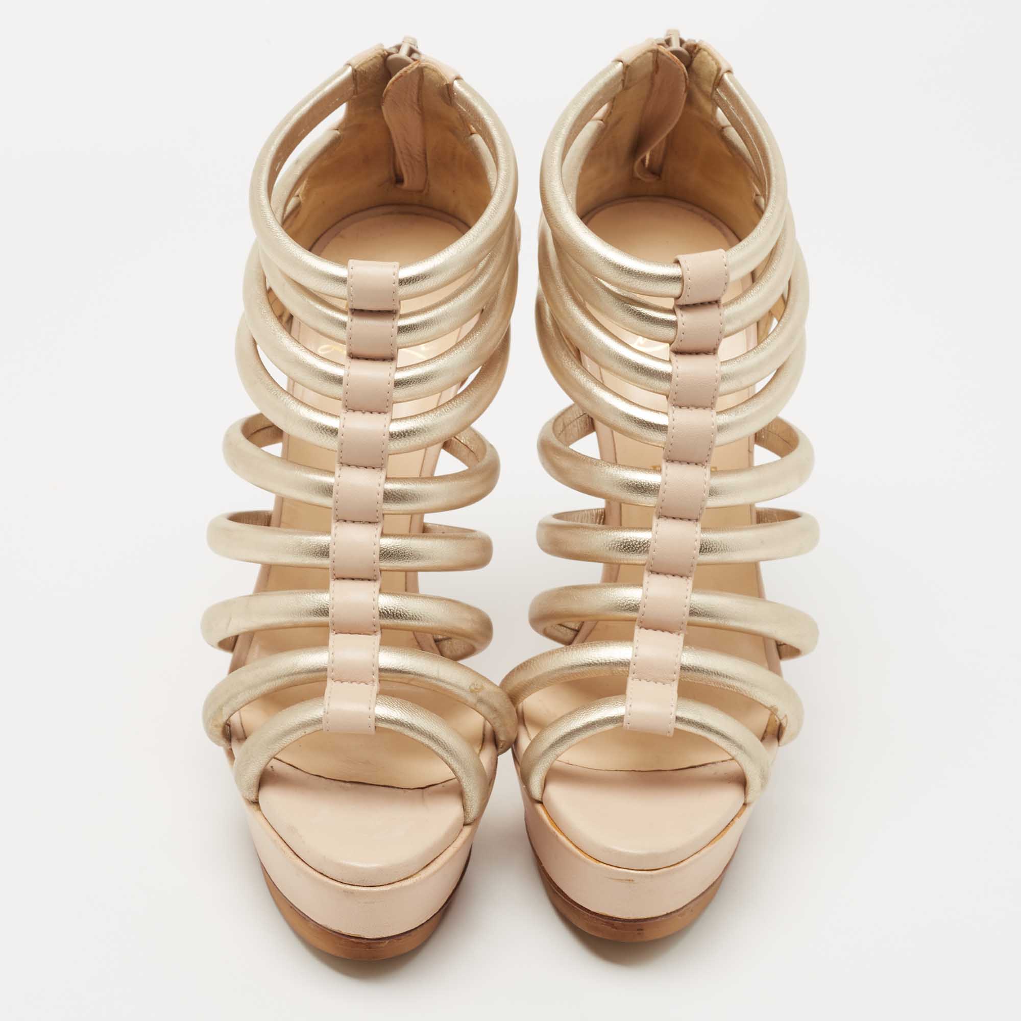 Christian Louboutin Gold/Beige Leather Romaine Platform Sandals Size 38.5