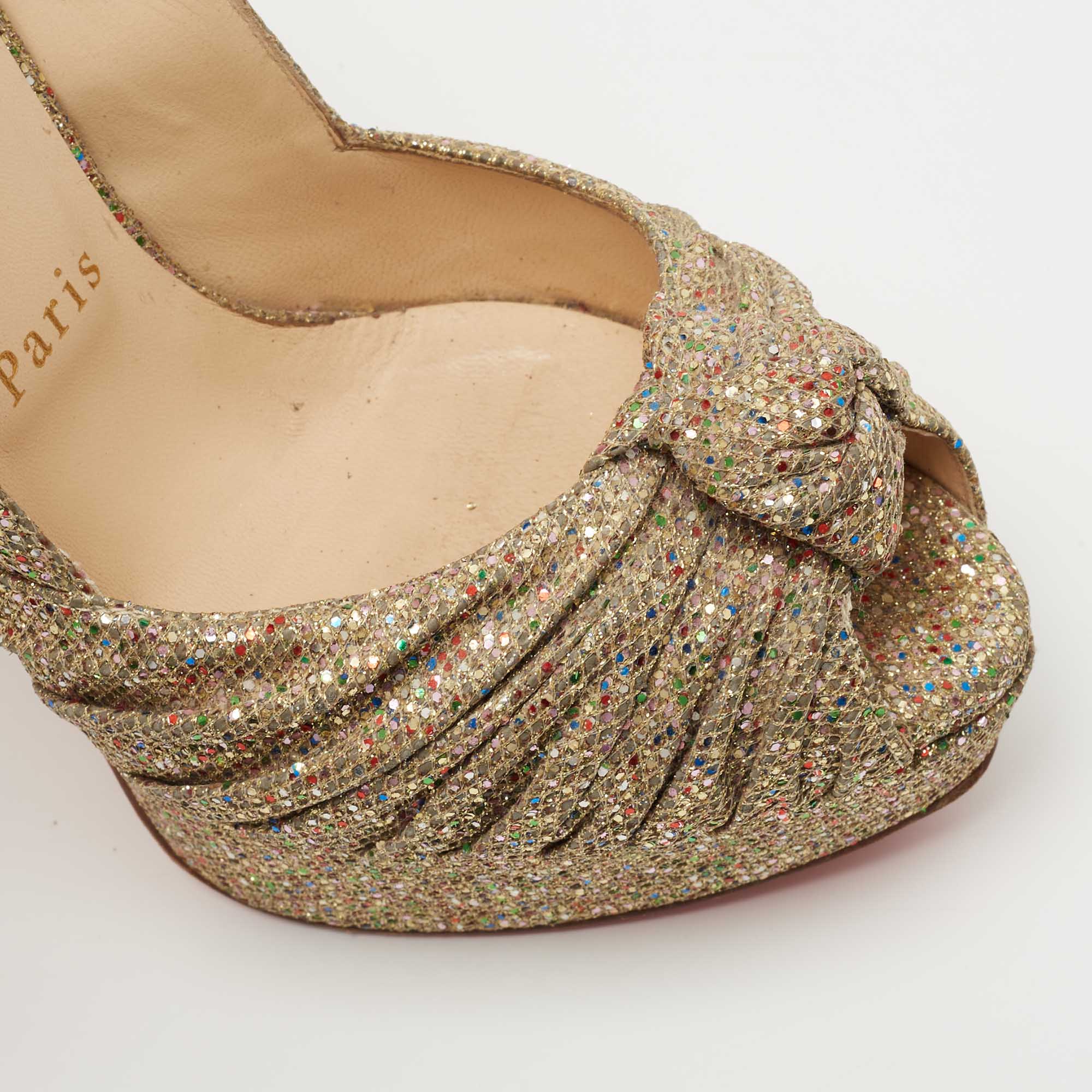 Christian Louboutin Gold Knotted Glitter Fabric  Jenny Platform Pumps Size 36.5