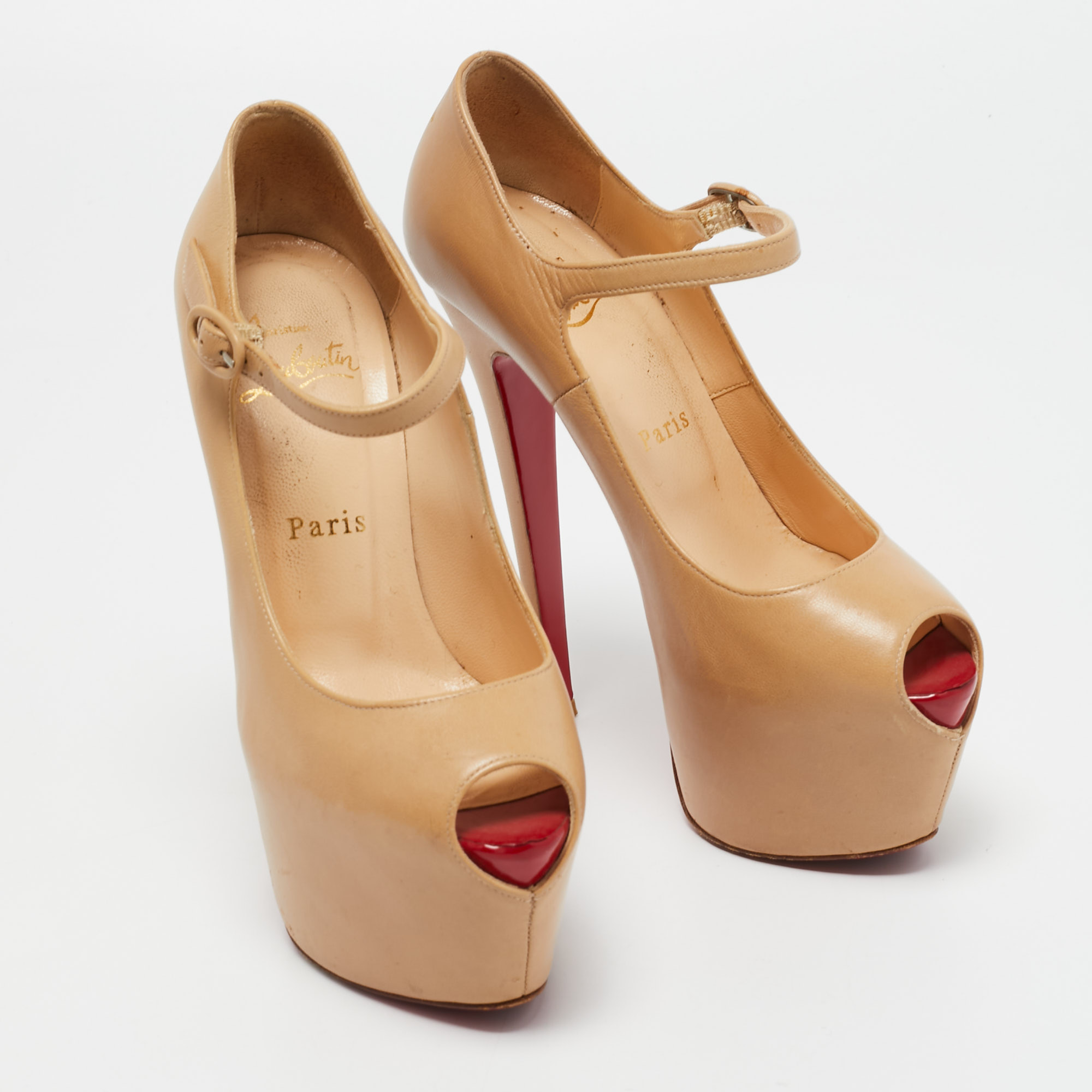 Christian Louboutin Beige Leather Lady Highness Peep Toe Pumps Size 36