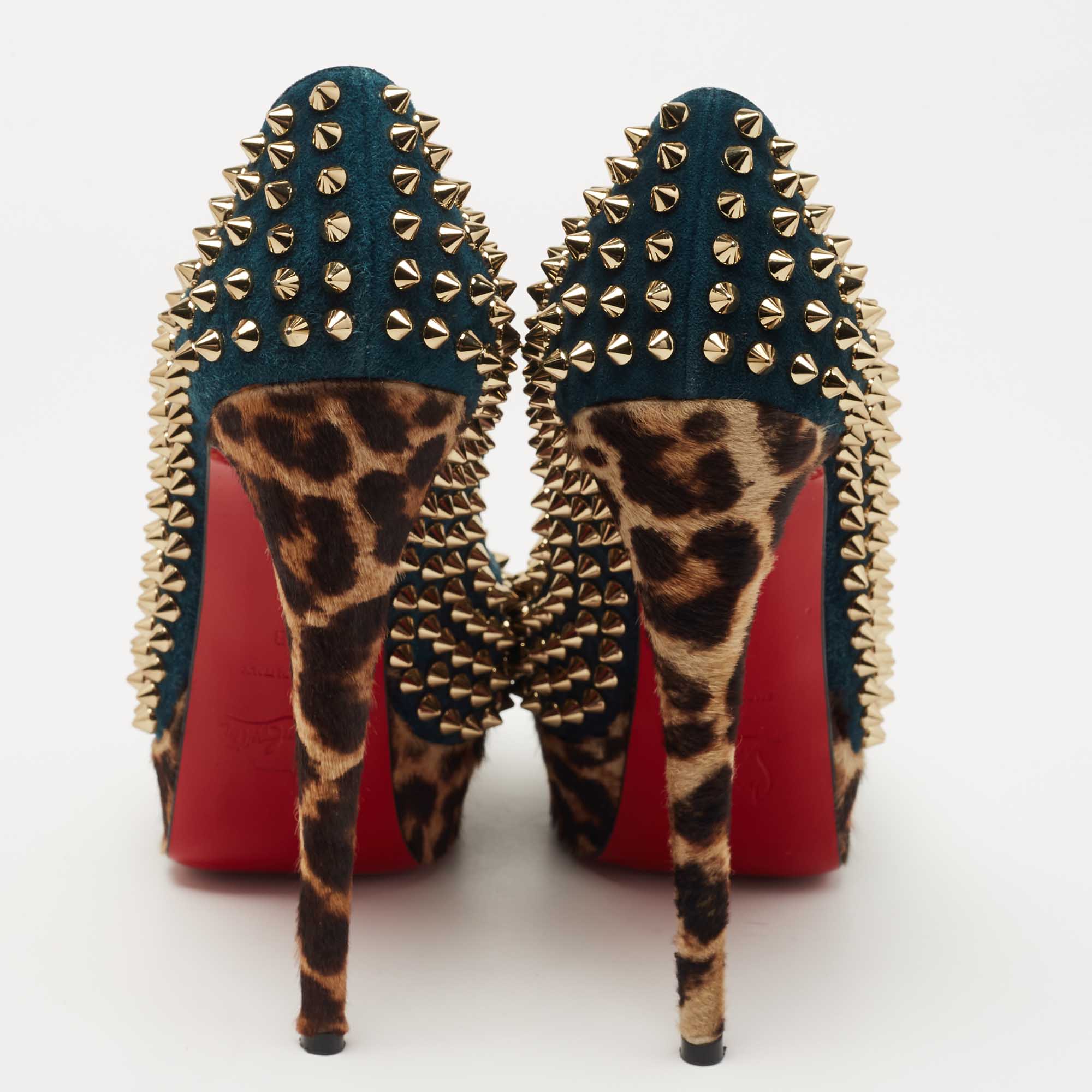 Christian Louboutin Blue/Brown Suede And Calf Hair Lady Peep Spikes Pumps Size 38
