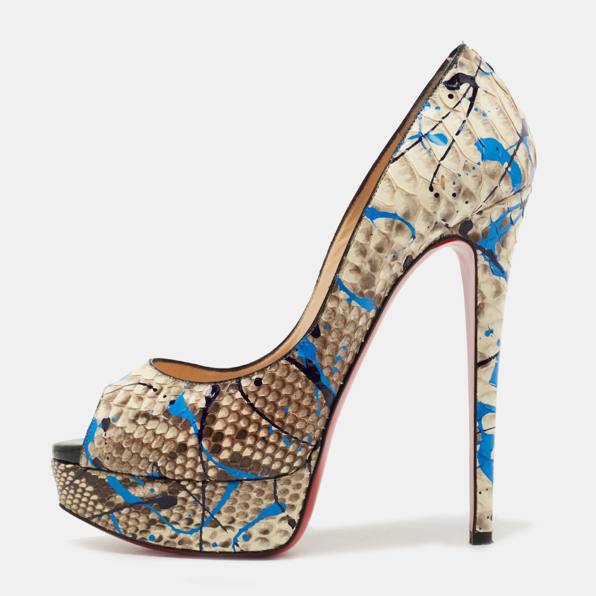 Christian Louboutin Brown/Beige Python Paint Splatter Lady Peep Pumps Size 37