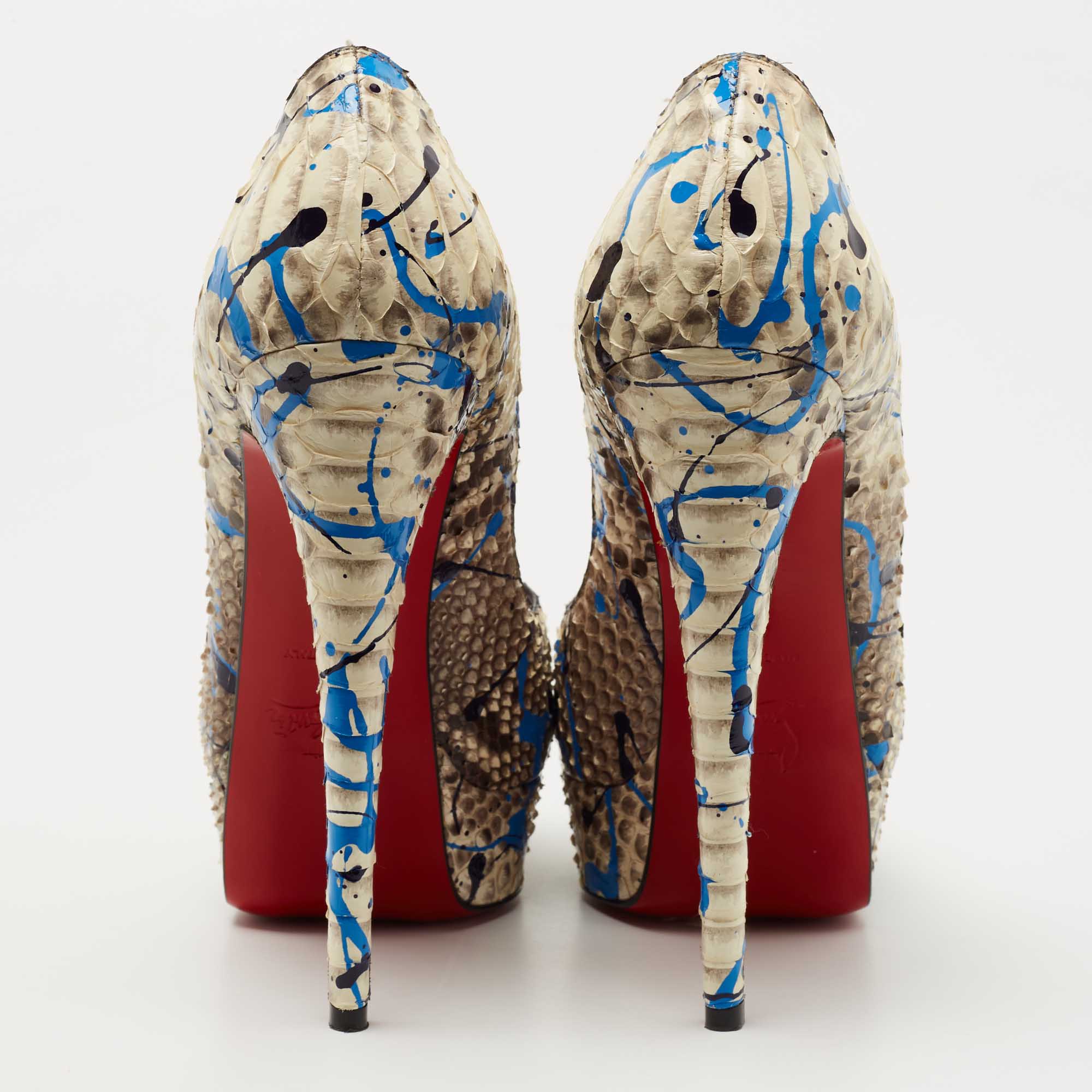 Christian Louboutin Brown/Beige Python Paint Splatter Lady Peep Pumps Size 37