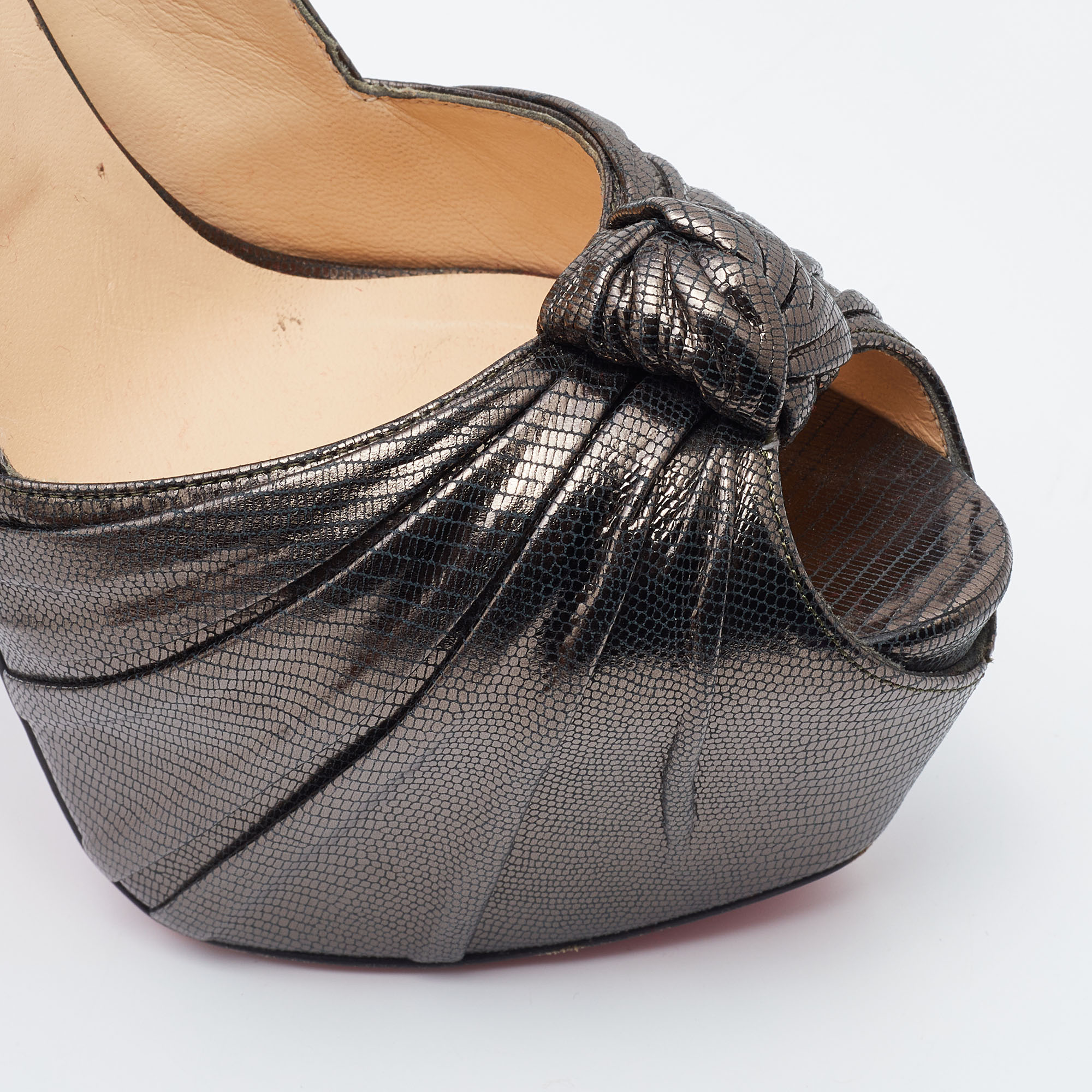 Christian Louboutin Metallic Grey Laminated Suede Miss Benin Knotted Pumps Size 40