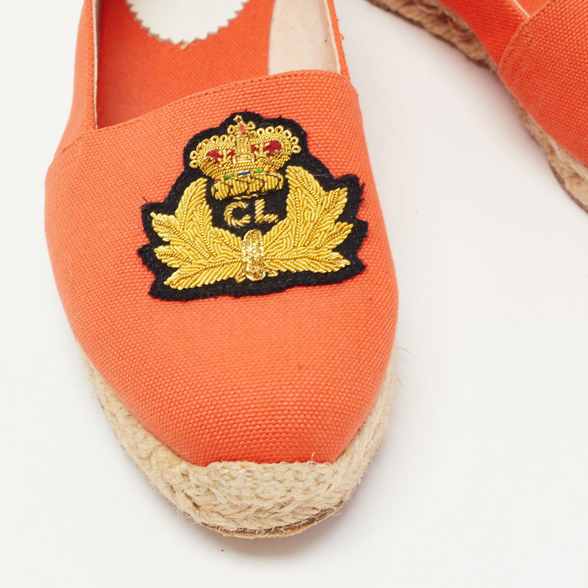 Christian Louboutin Orange Canvas Gala Embroidered Crest Espadrille Loafers Size 38
