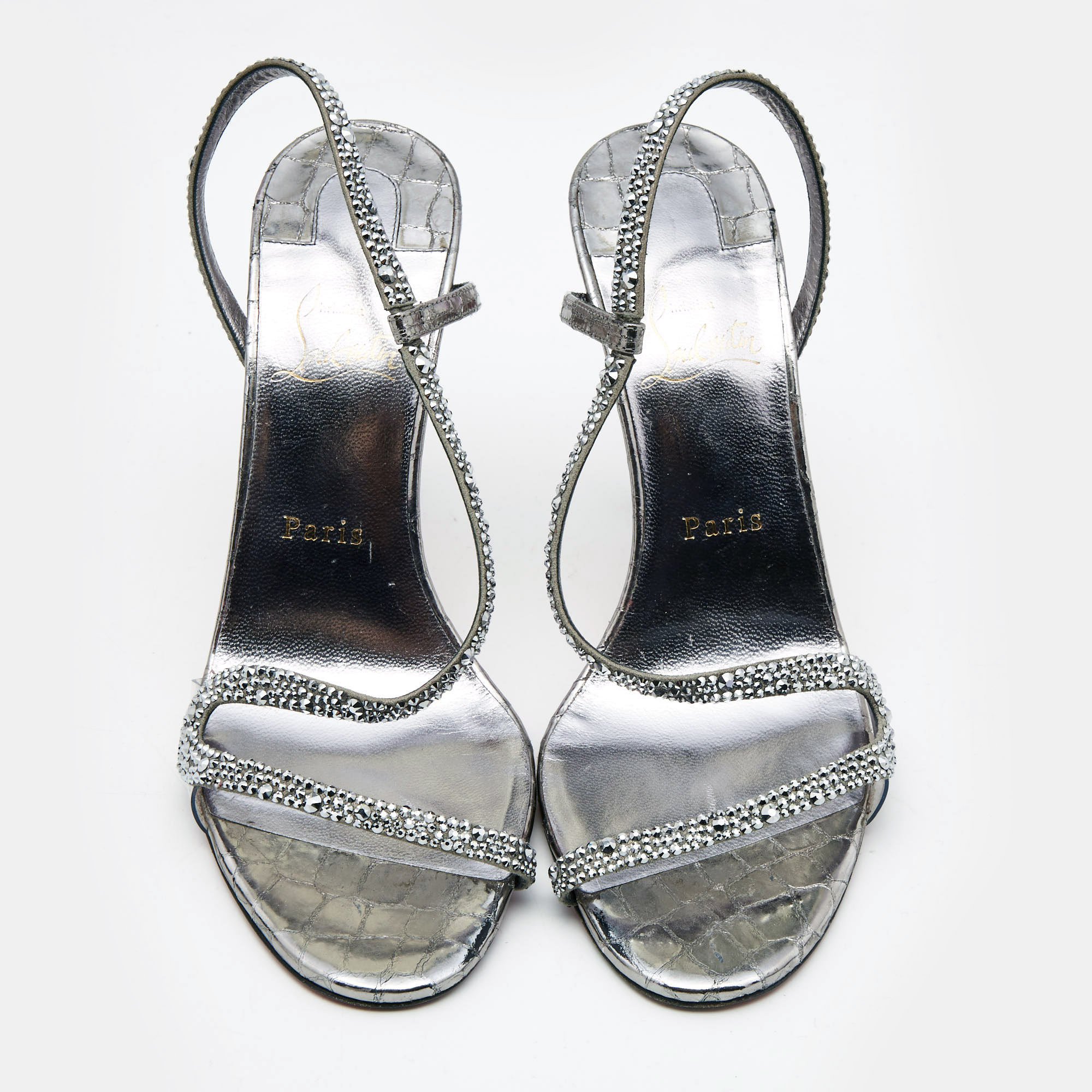 Christian Louboutin Metallic Grey Crystal Embellished Suede Rosalie Sandals Size 39.5