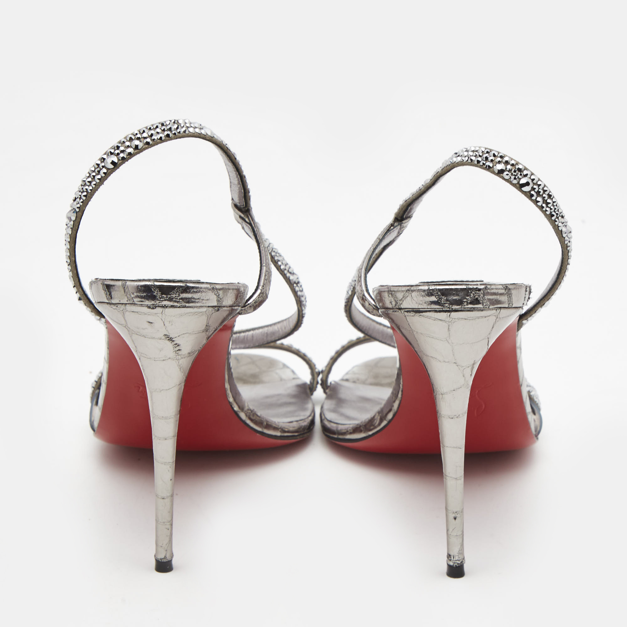 Christian Louboutin Metallic Grey Crystal Embellished Suede Rosalie Sandals Size 39.5