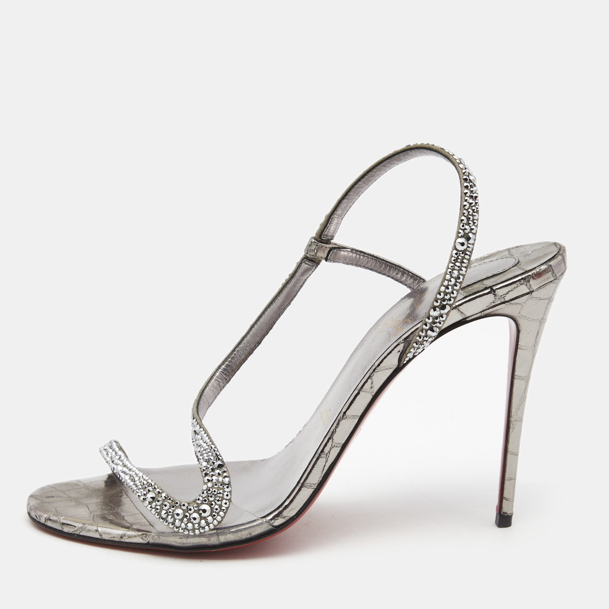 Christian louboutin metallic grey crystal embellished suede rosalie sandals size 39.5