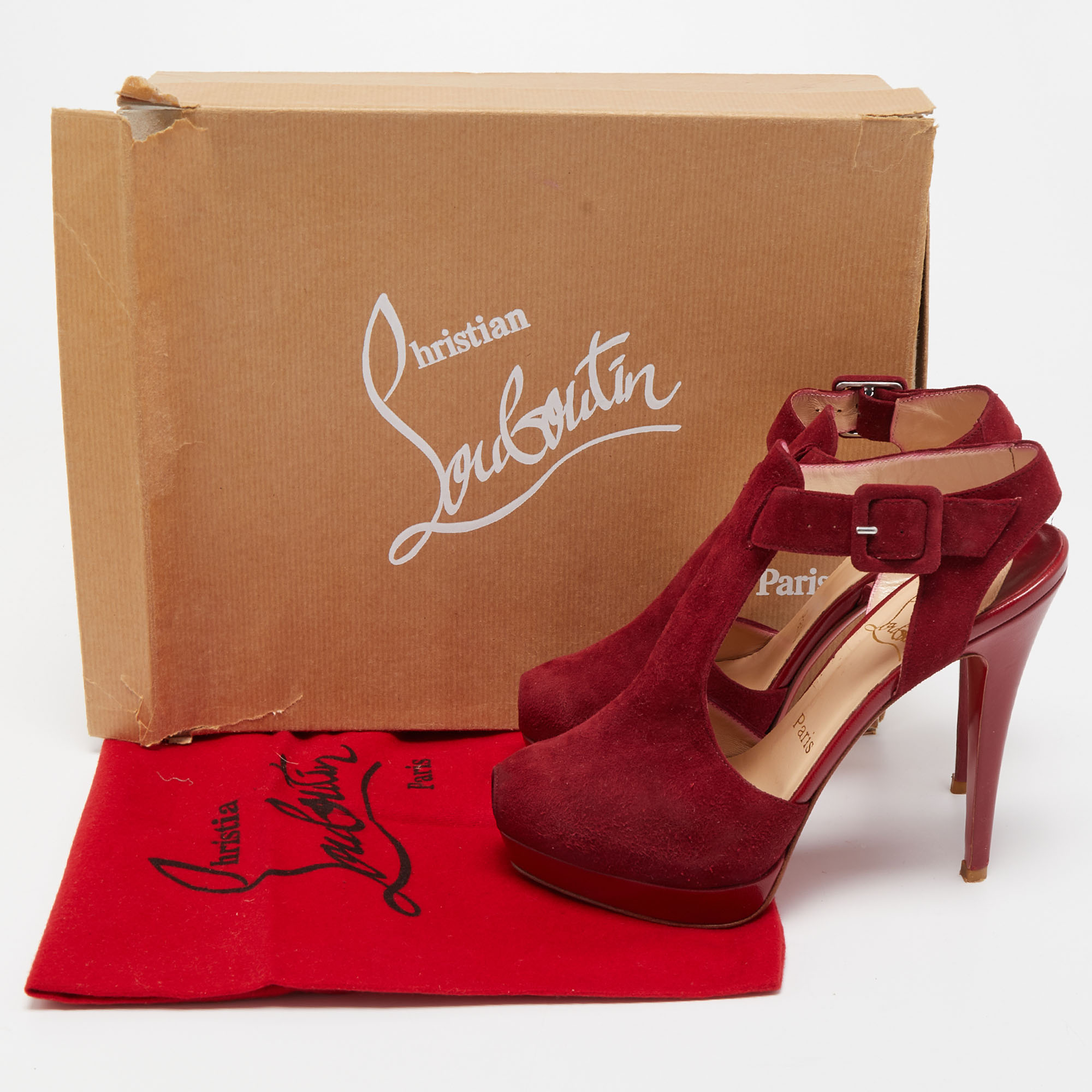 Christian Louboutin Red Suede Peep Toe Platform Sandals Size 37