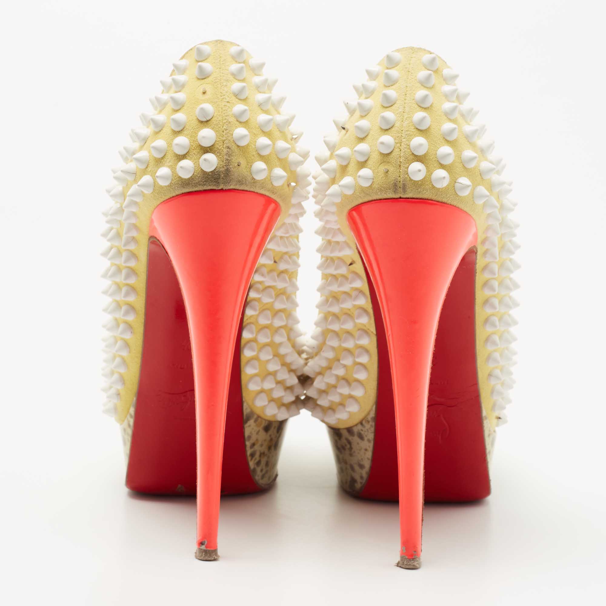 Christian Louboutin Yellow Suede Lady Peep Spikes Pumps Size 37.5