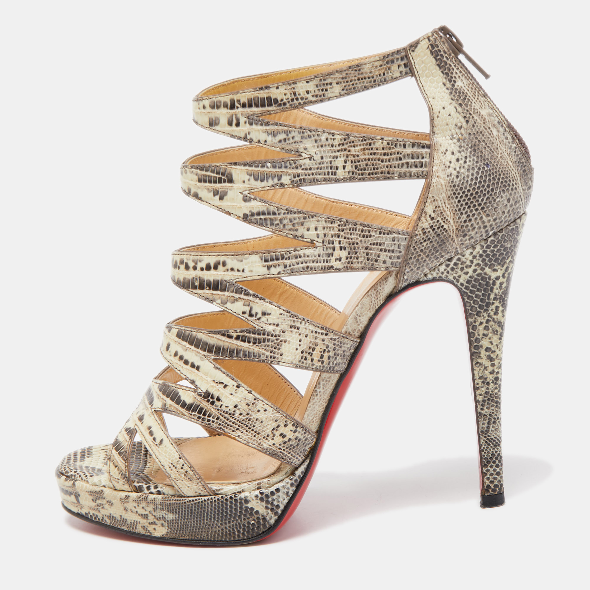 Christian Louboutin Grey/Yellow Lizard Leather 'Fernando' Cage Sandals Size 37