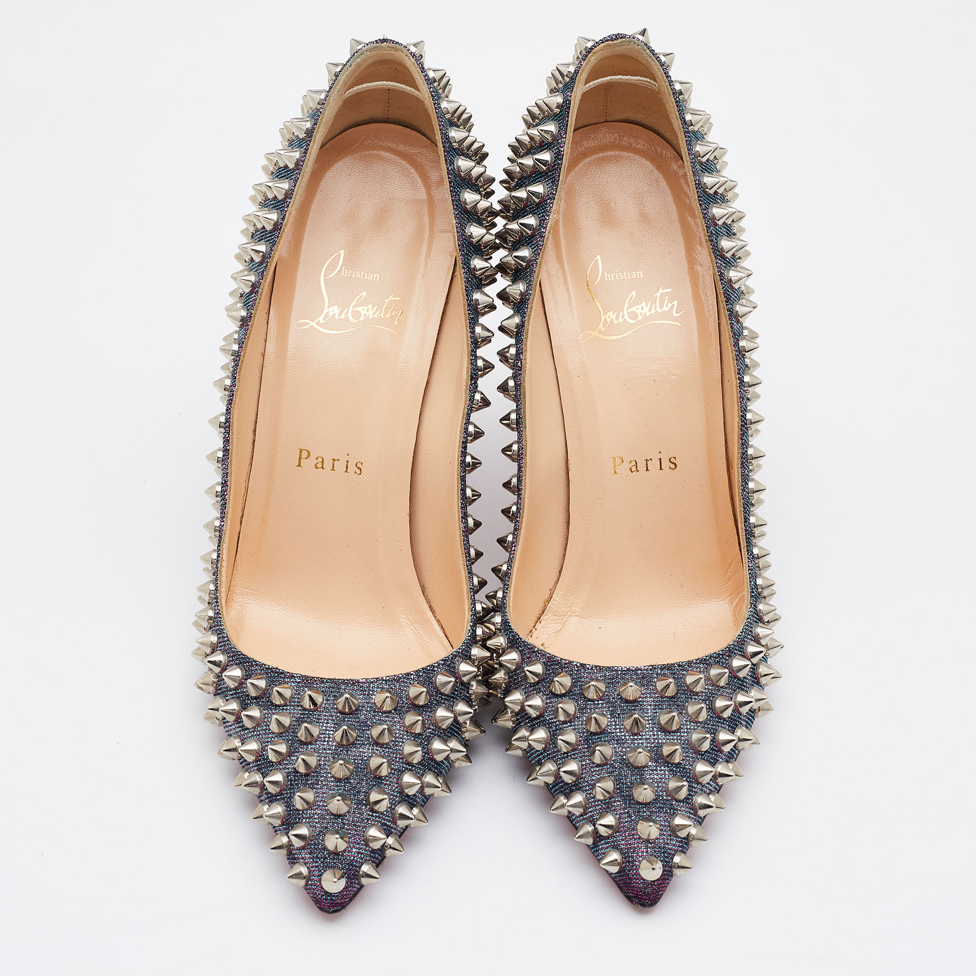 Christian Louboutin Multicolor Holographic Lurex Fabric Pigalle Spikes Pumps Size 37