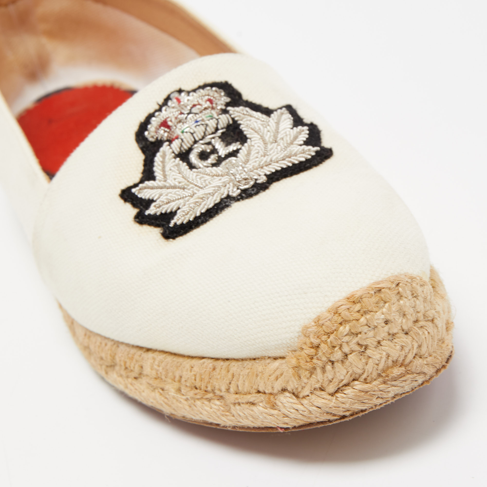 Christian Louboutin Off White Canvas Gala Embroidered Crest Espadrille Flats Size 36