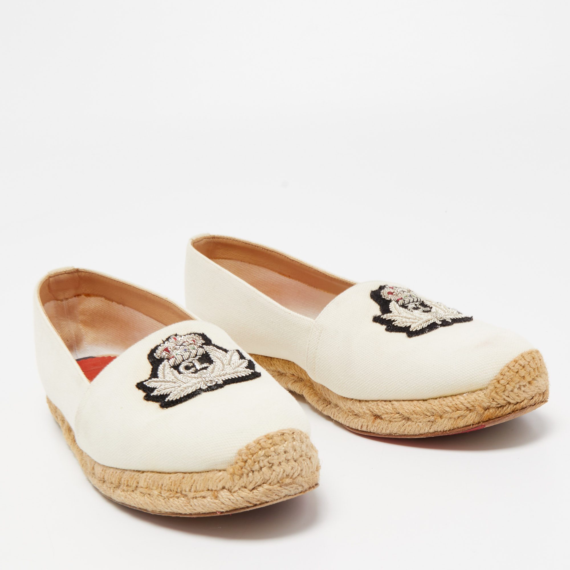 Christian Louboutin Off White Canvas Gala Embroidered Crest Espadrille Flats Size 36