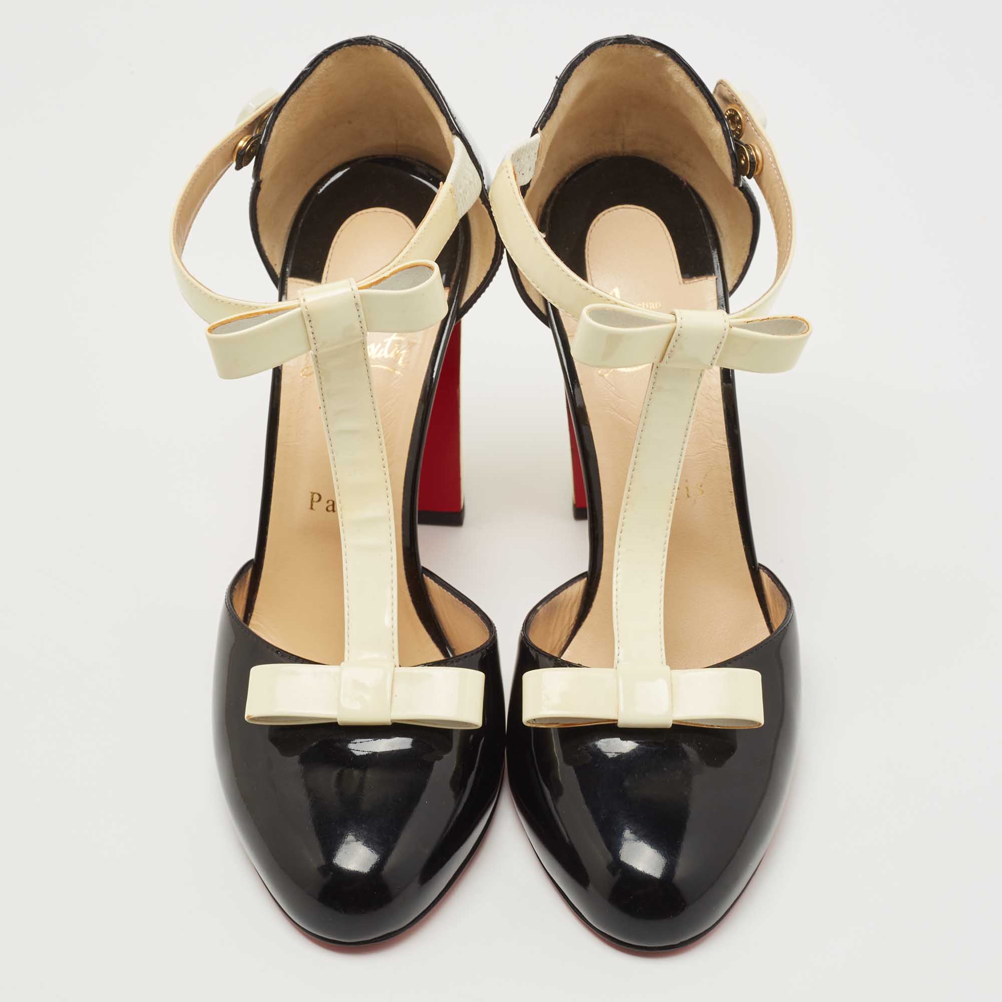 Christian Louboutin Black/Off White Patent Leather T Strap Pumps Size 40.5