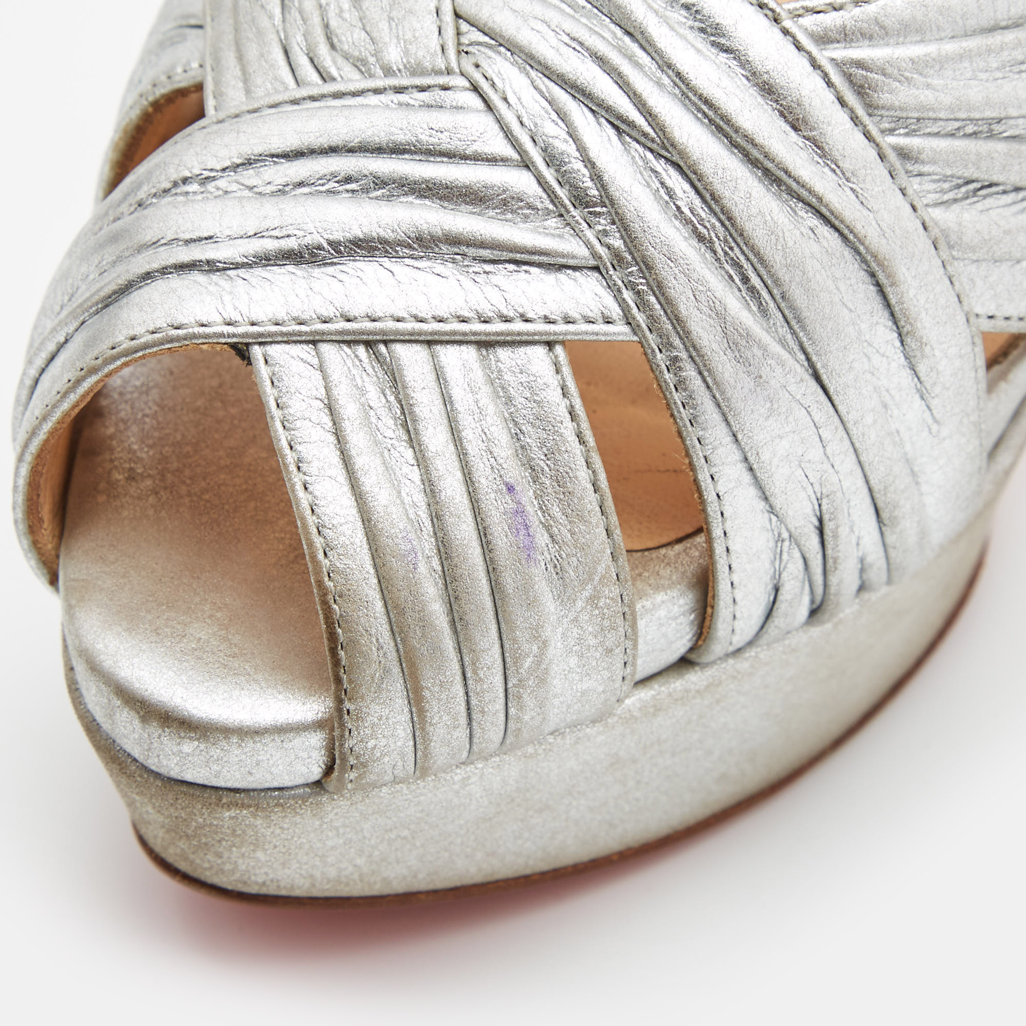 Christian Louboutin Silver Pleated Leather Criss Cross Peep Toe Platform Pumps Size 41