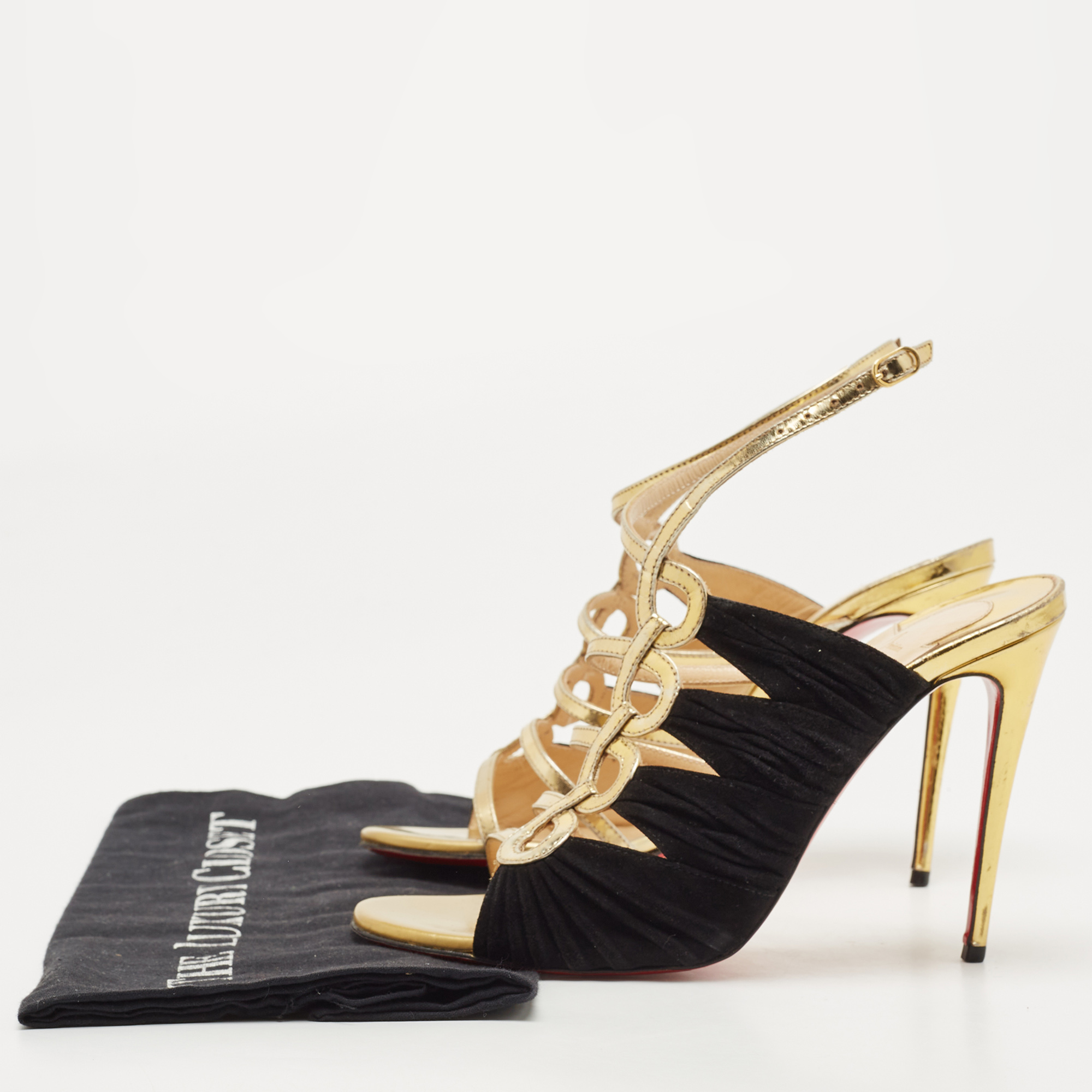 Christian Louboutin Black/Gold Suede And Leather Tina Sandals Size 37.5