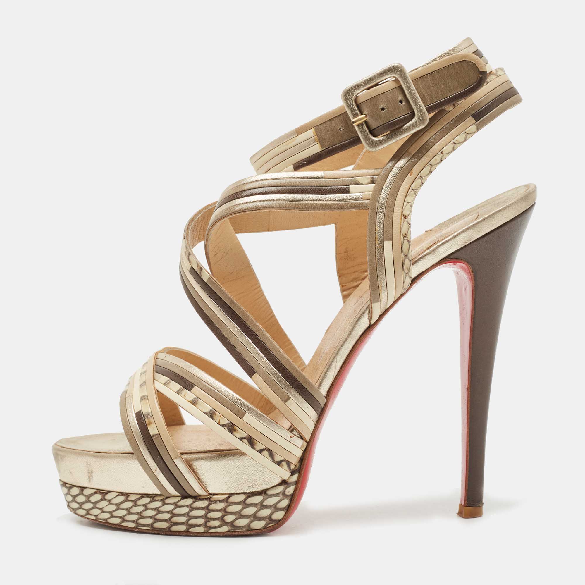 Christian Louboutin Brown/Beige Leather Strappy Platform Sandals Size 38.5