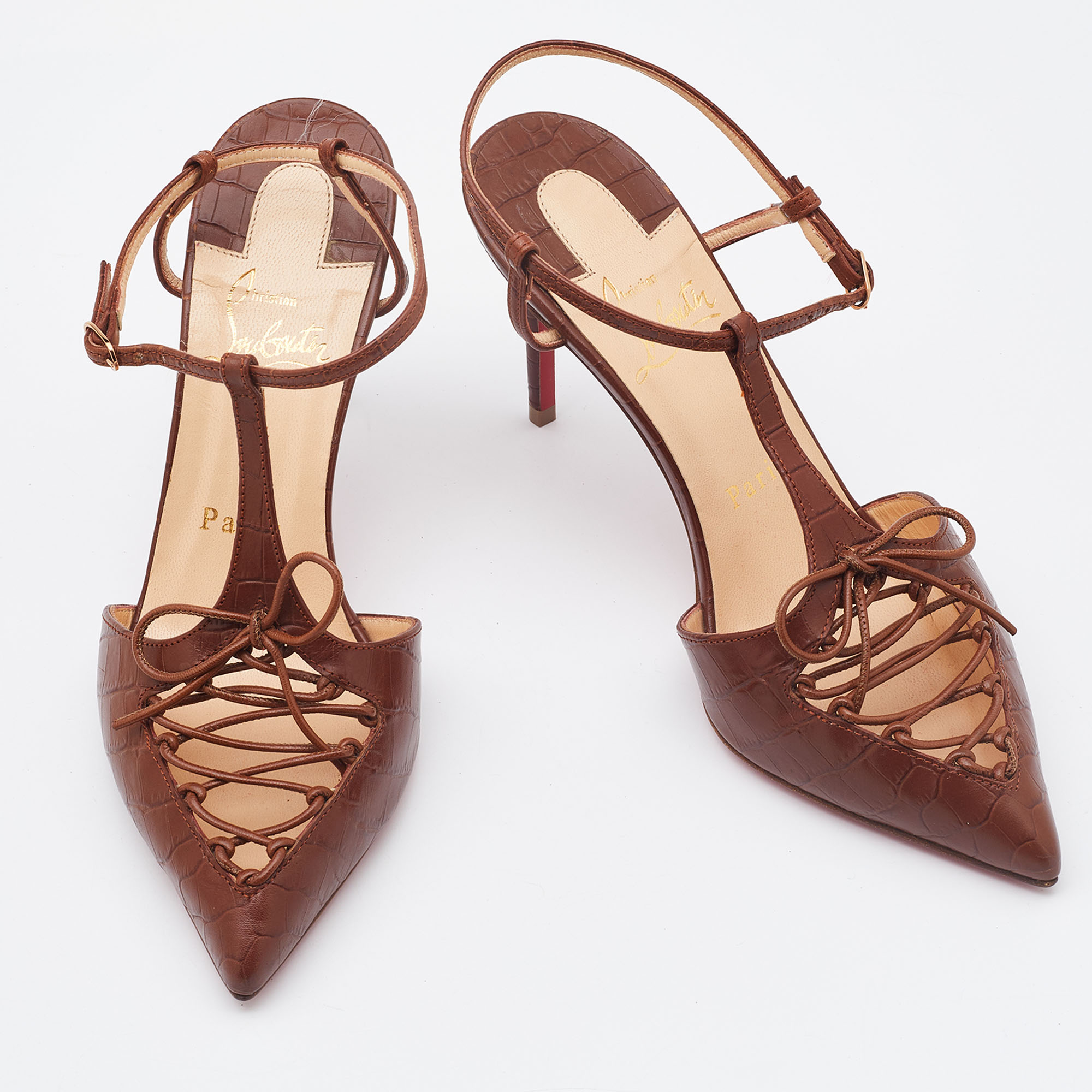 Christian Louboutin Brown Croc Embossed Leather Crococuty Ankle-Strap Pumps Size 36