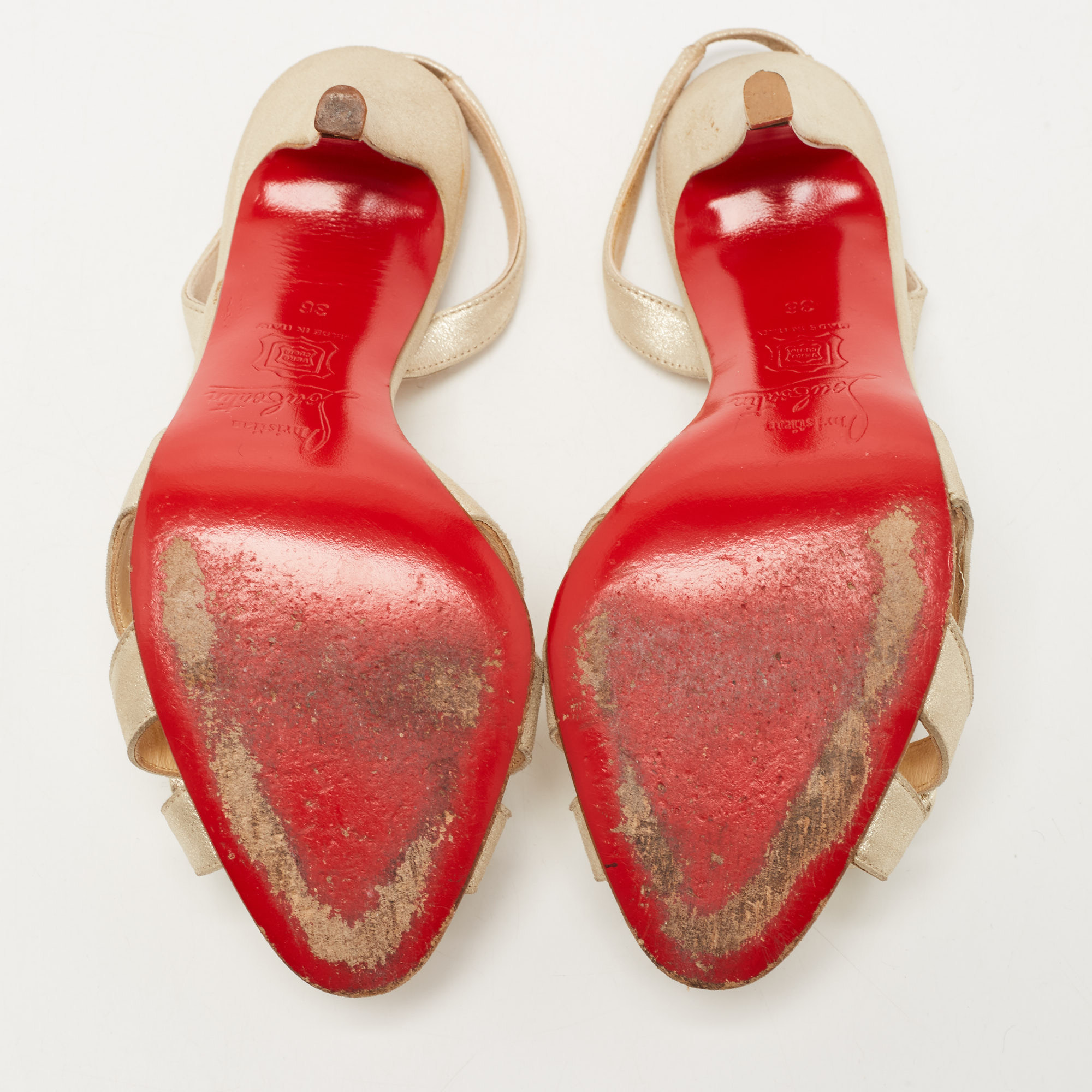 Christian Louboutin Metallic Laminated Suede Flower Detail Slingback Sandals Size 36
