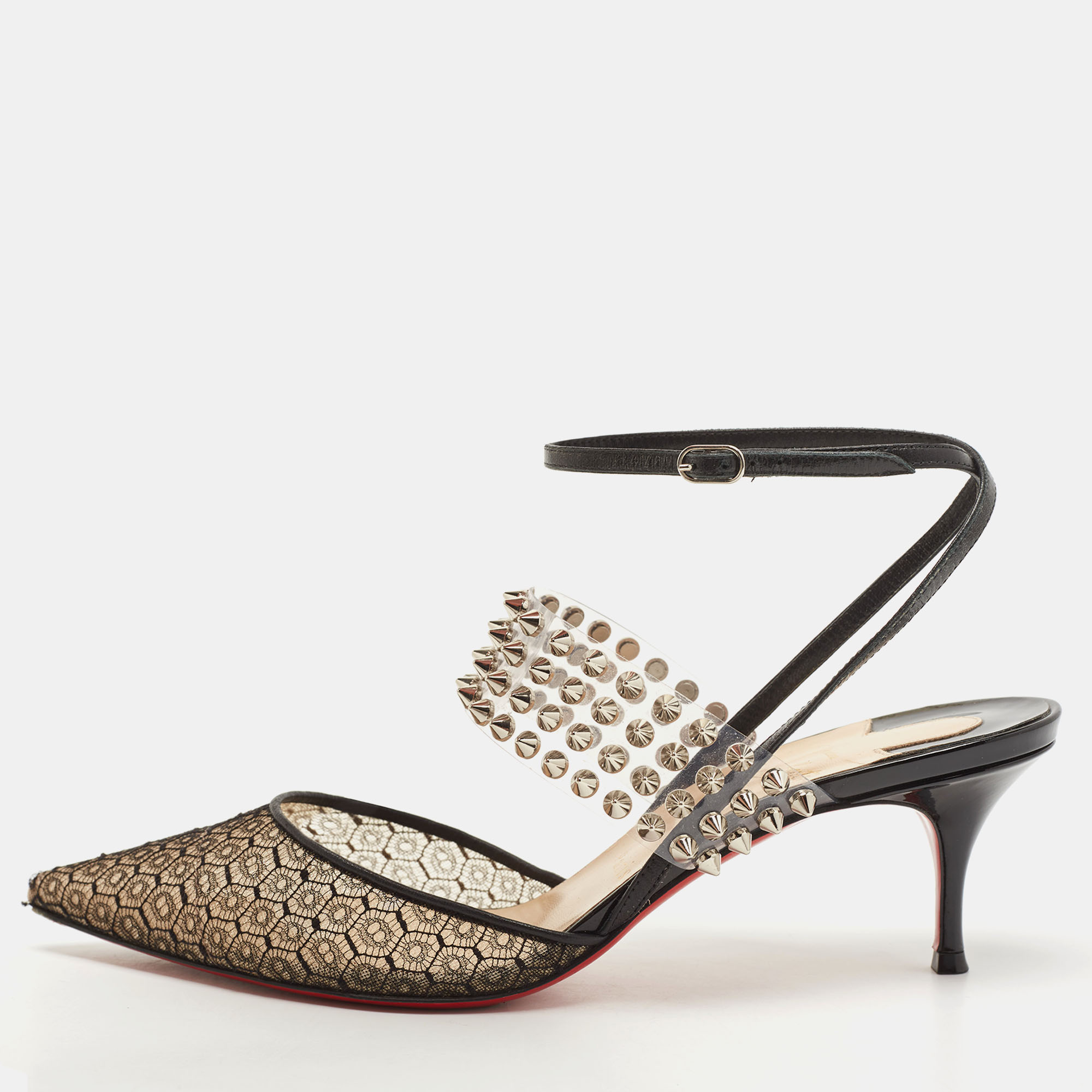 Christian Louboutin Black Lace, Leather And Spiked PVC Levita Rete Pumps Size 38.5