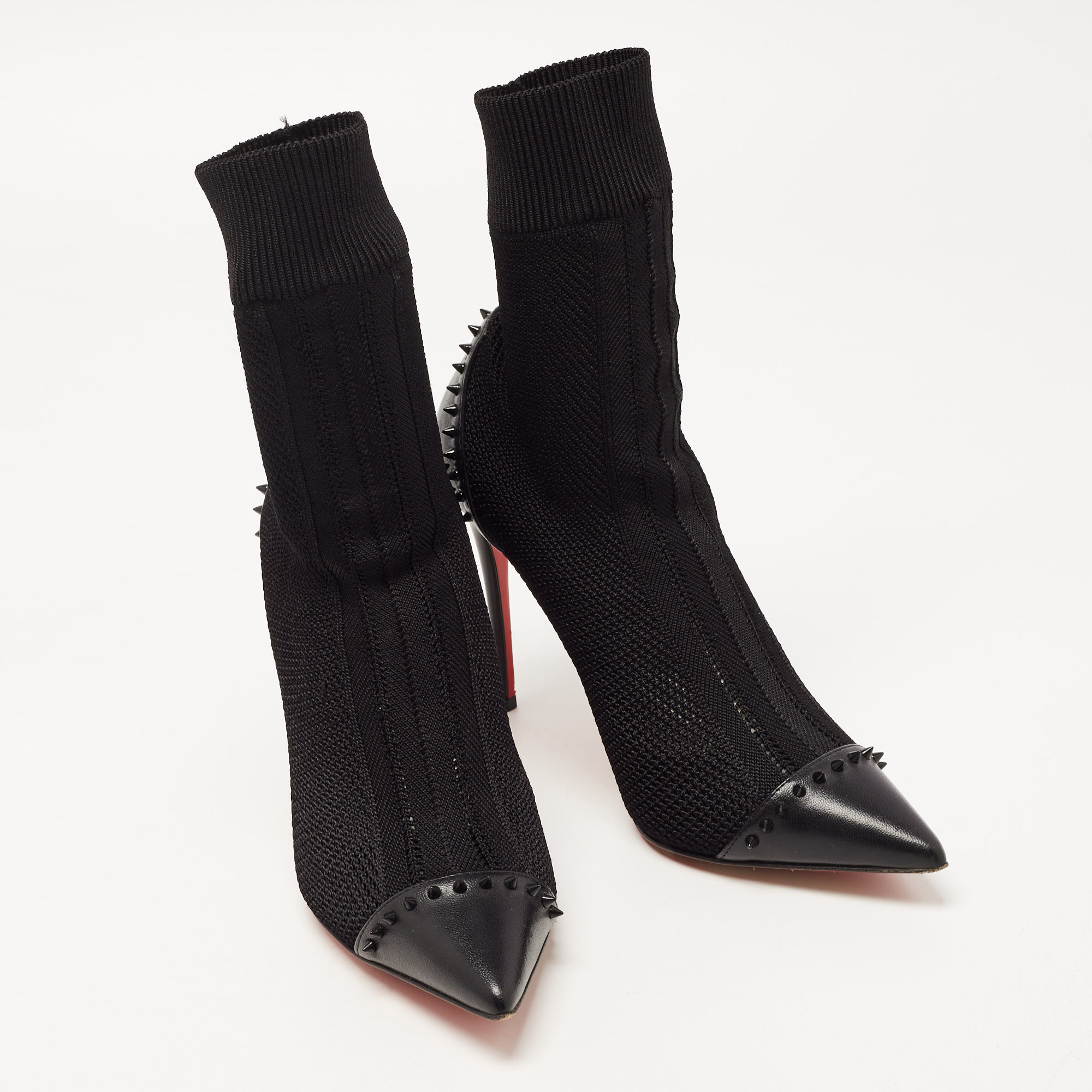 Christian Louboutin Black Knit Fabric And Leather Dovi Dova Sock Booties Size 38