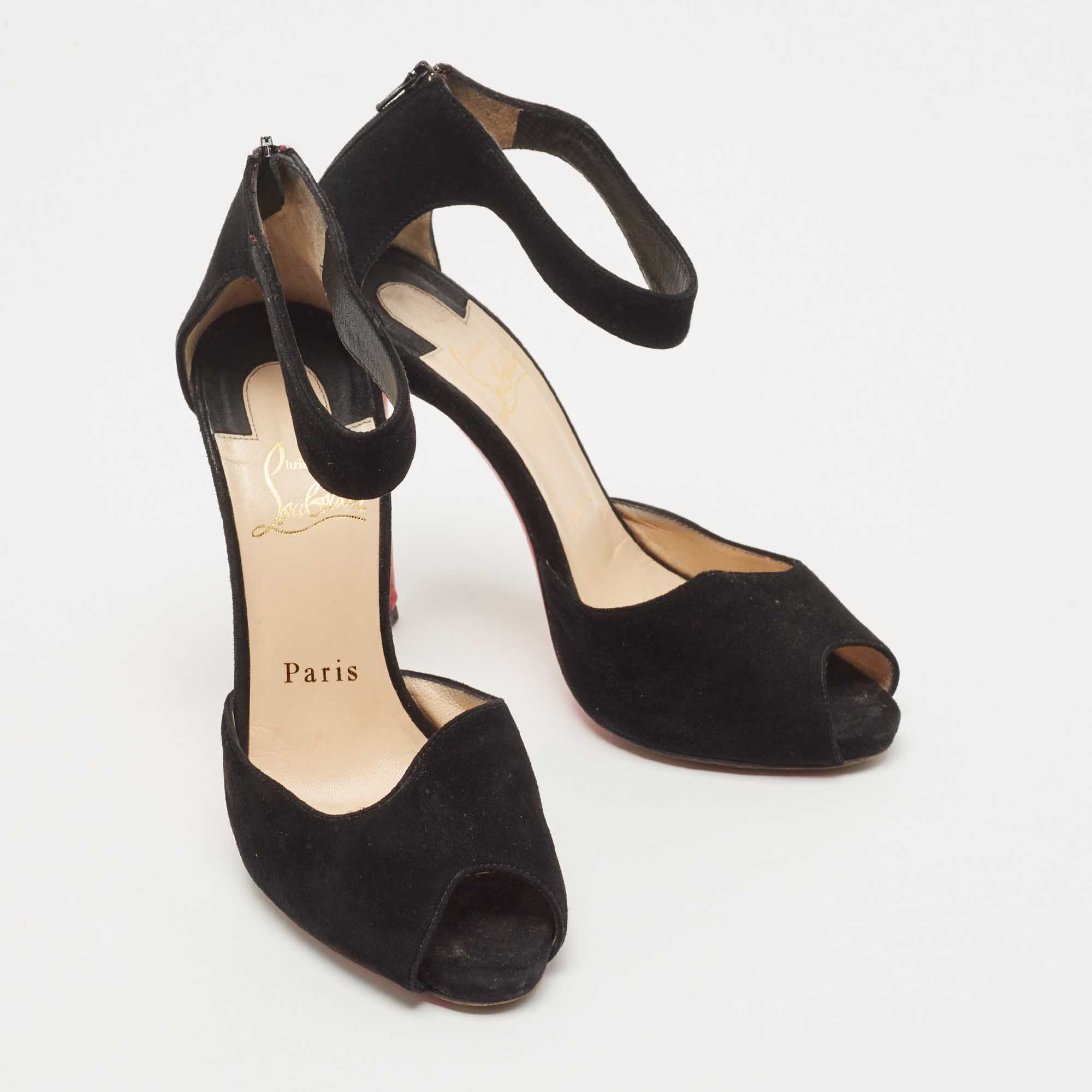 Christian Louboutin Black Suede Peep Toe Ankle Strap Sandals Size 36