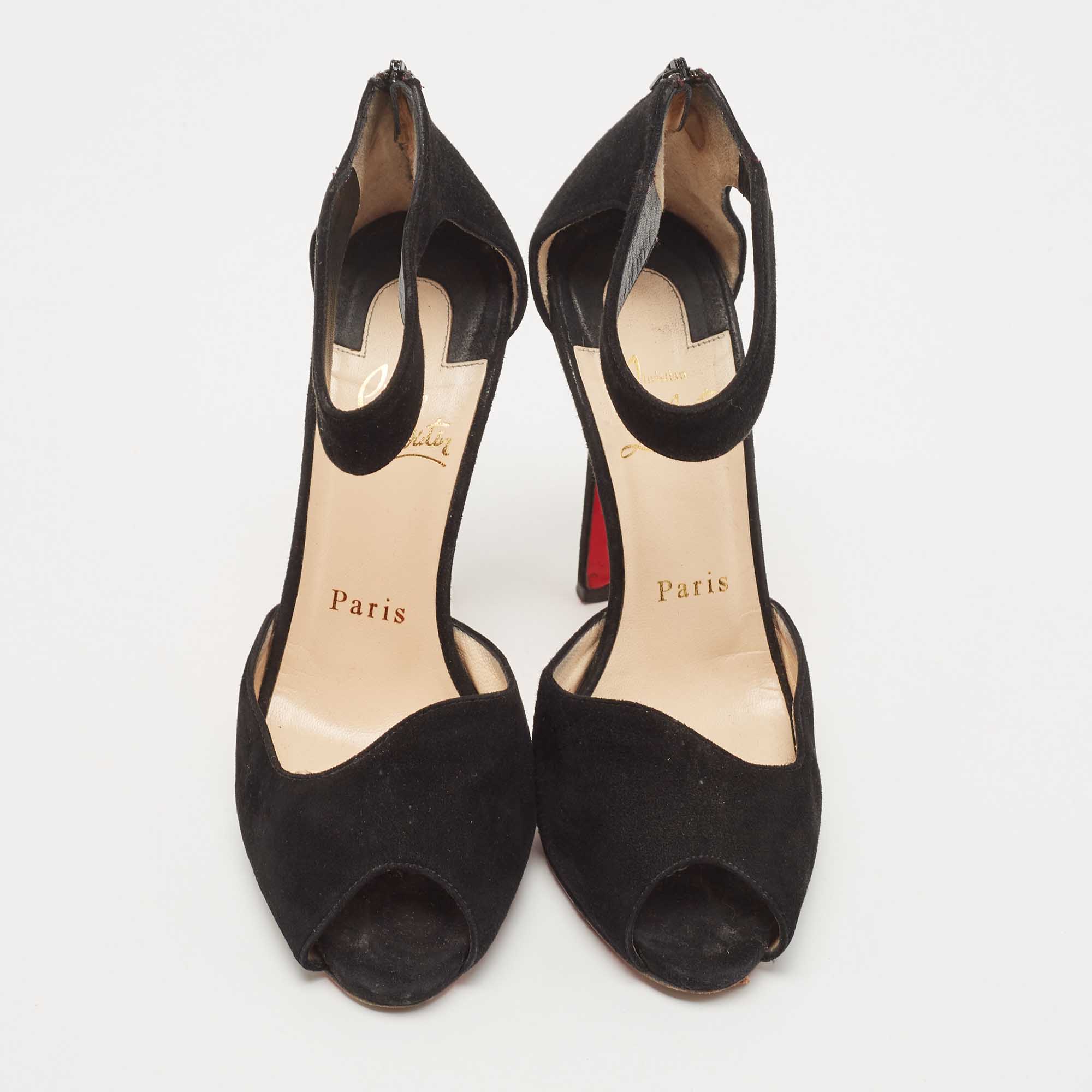 Christian Louboutin Black Suede Peep Toe Ankle Strap Sandals Size 36