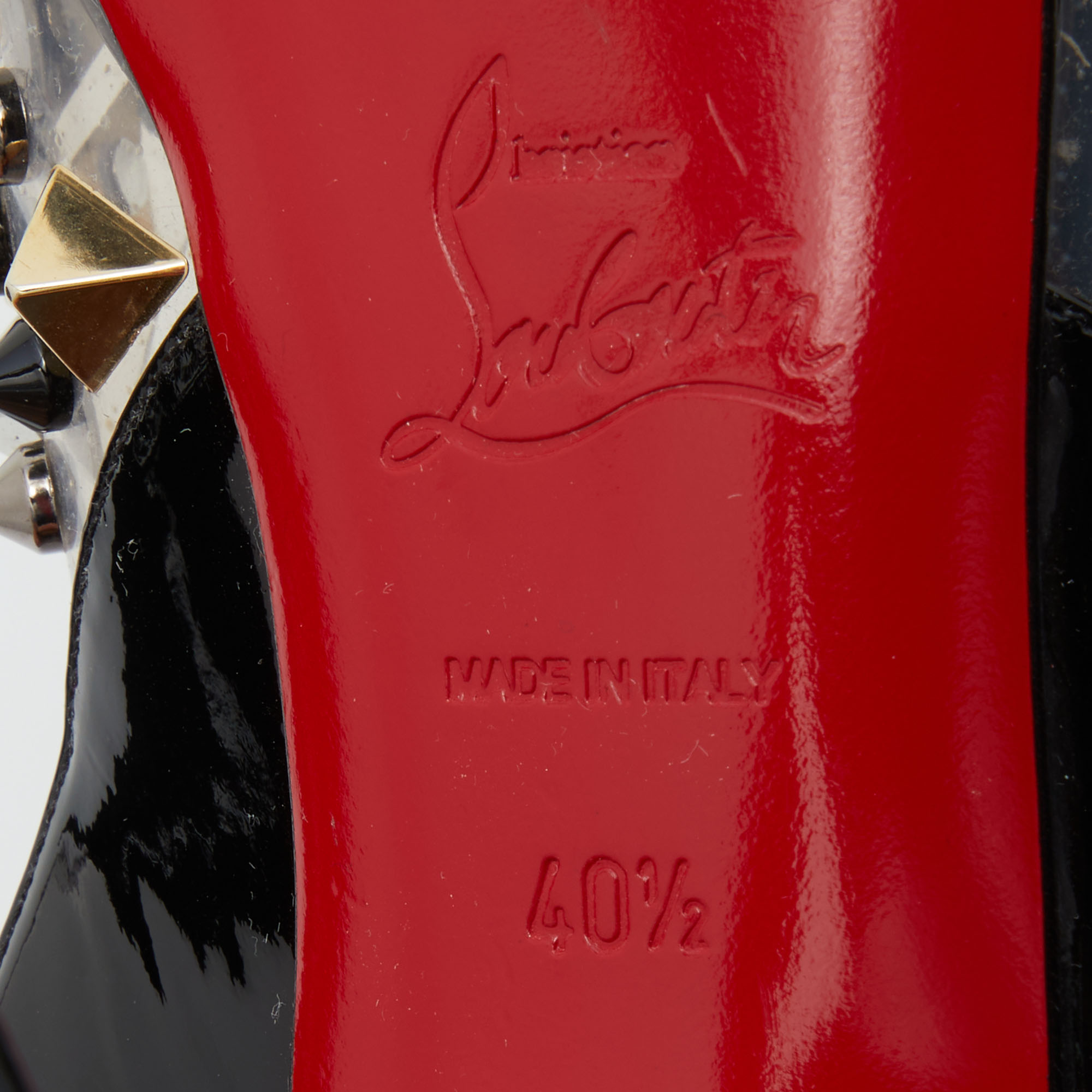 Christian Louboutin Black Patent Leather And PVC Spikes Peep Toe Platform Slingback Pumps Size 40.5