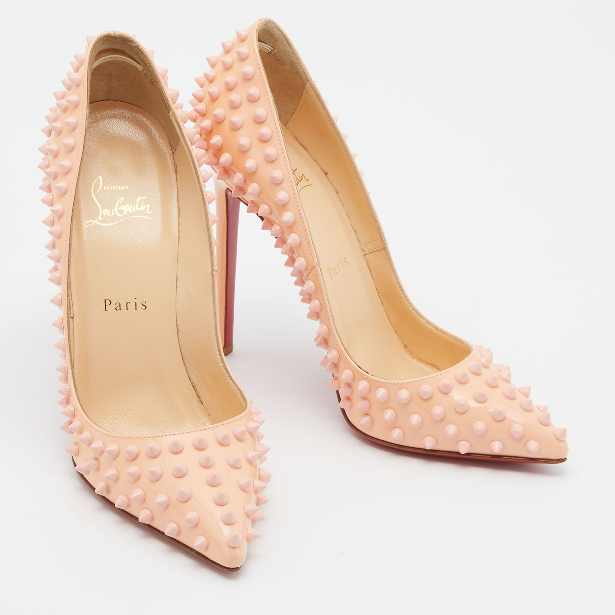 Christian Louboutin Peach Patent Leather Pigalle Spikes Pointed Toe Pumps Size 38