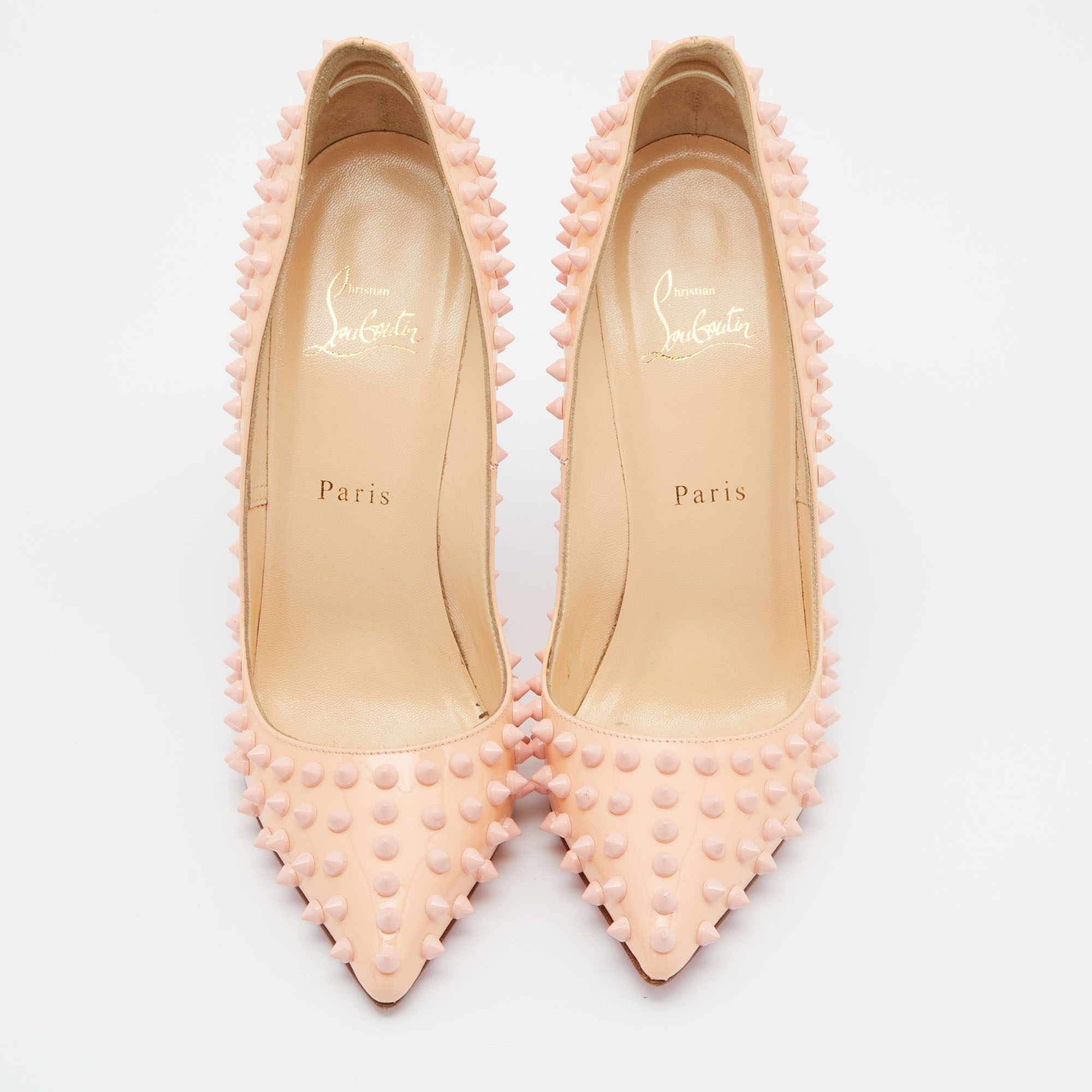 Christian Louboutin Peach Patent Leather Pigalle Spikes Pointed Toe Pumps Size 38