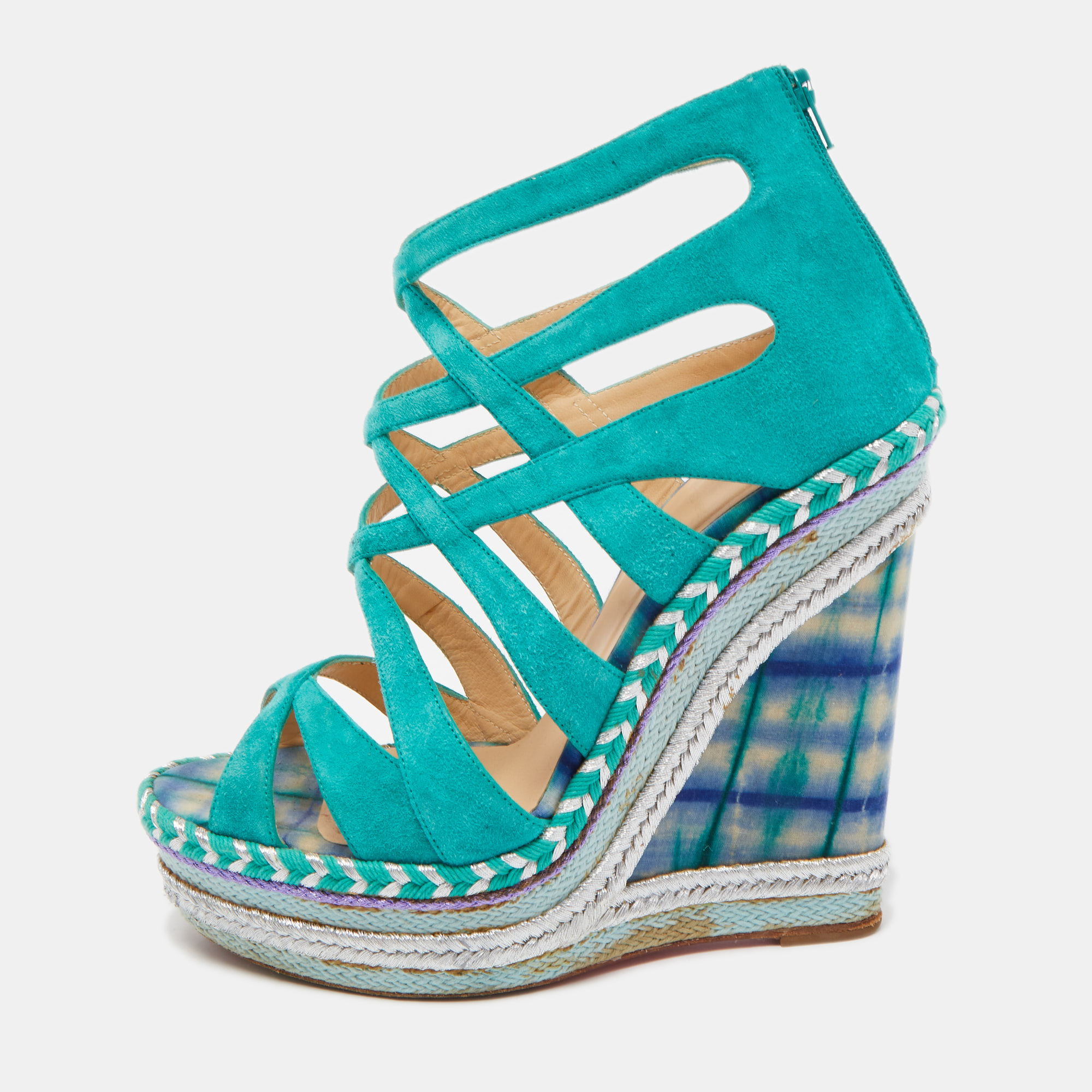 Christian louboutin green suede caged espadrille tosca wedge platform sandals size 39