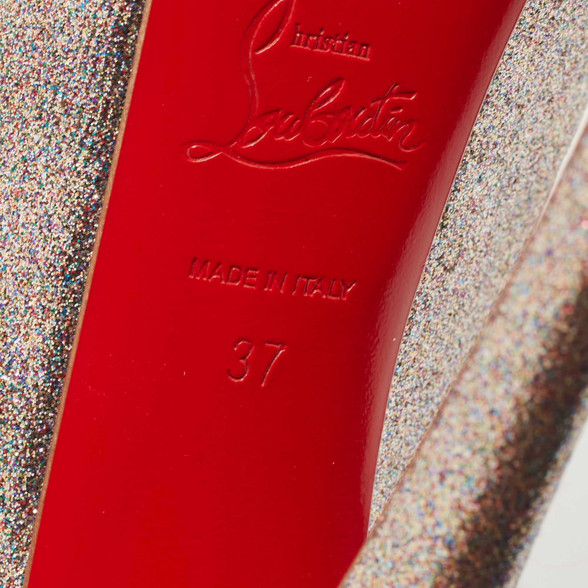 Christian Louboutin Multicolor Glitter Highness Peep Toe Platform Pumps Size 37