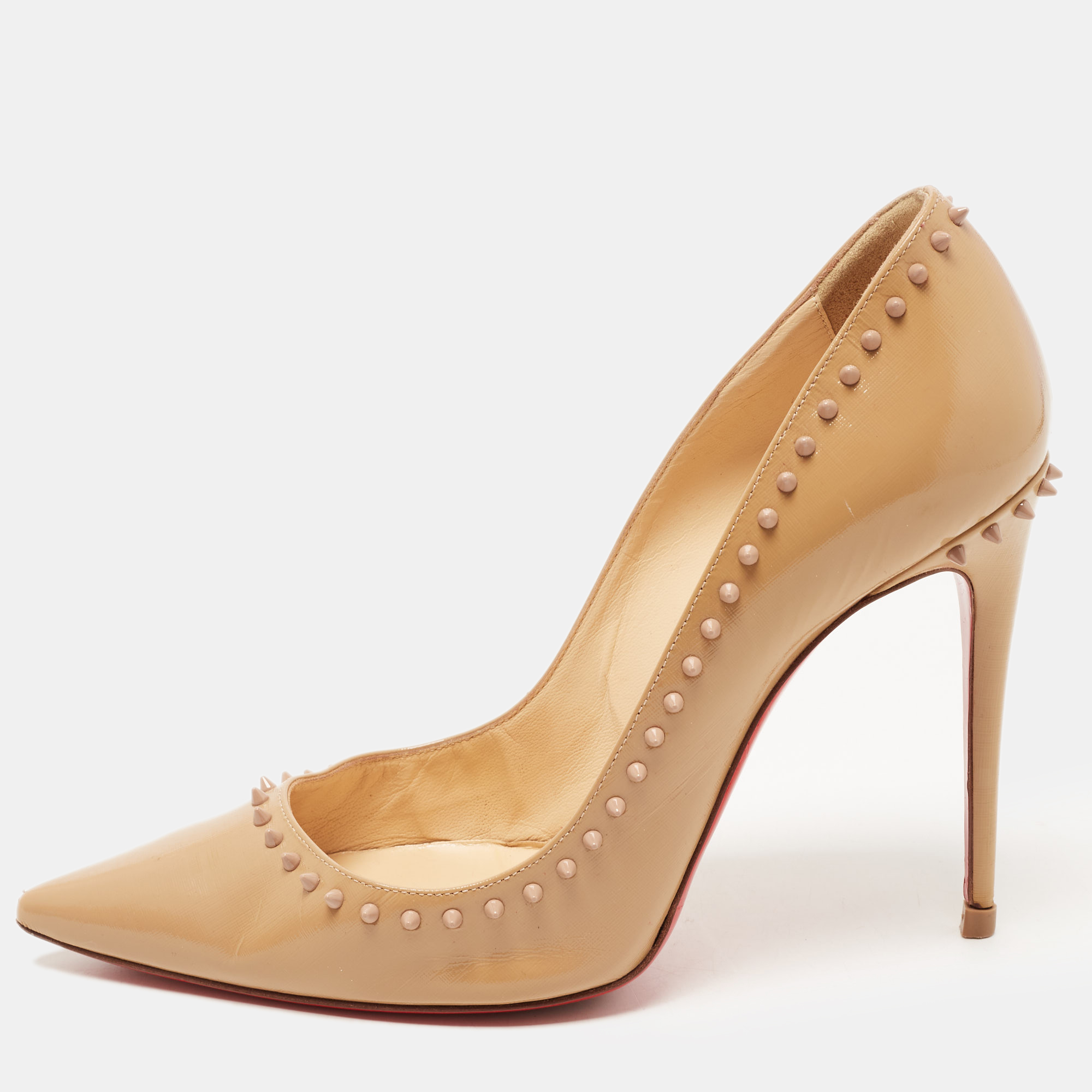 Christian Louboutin Beige Patent Leather Anjalina Spike Pointed Toe Pumps Size 38.5